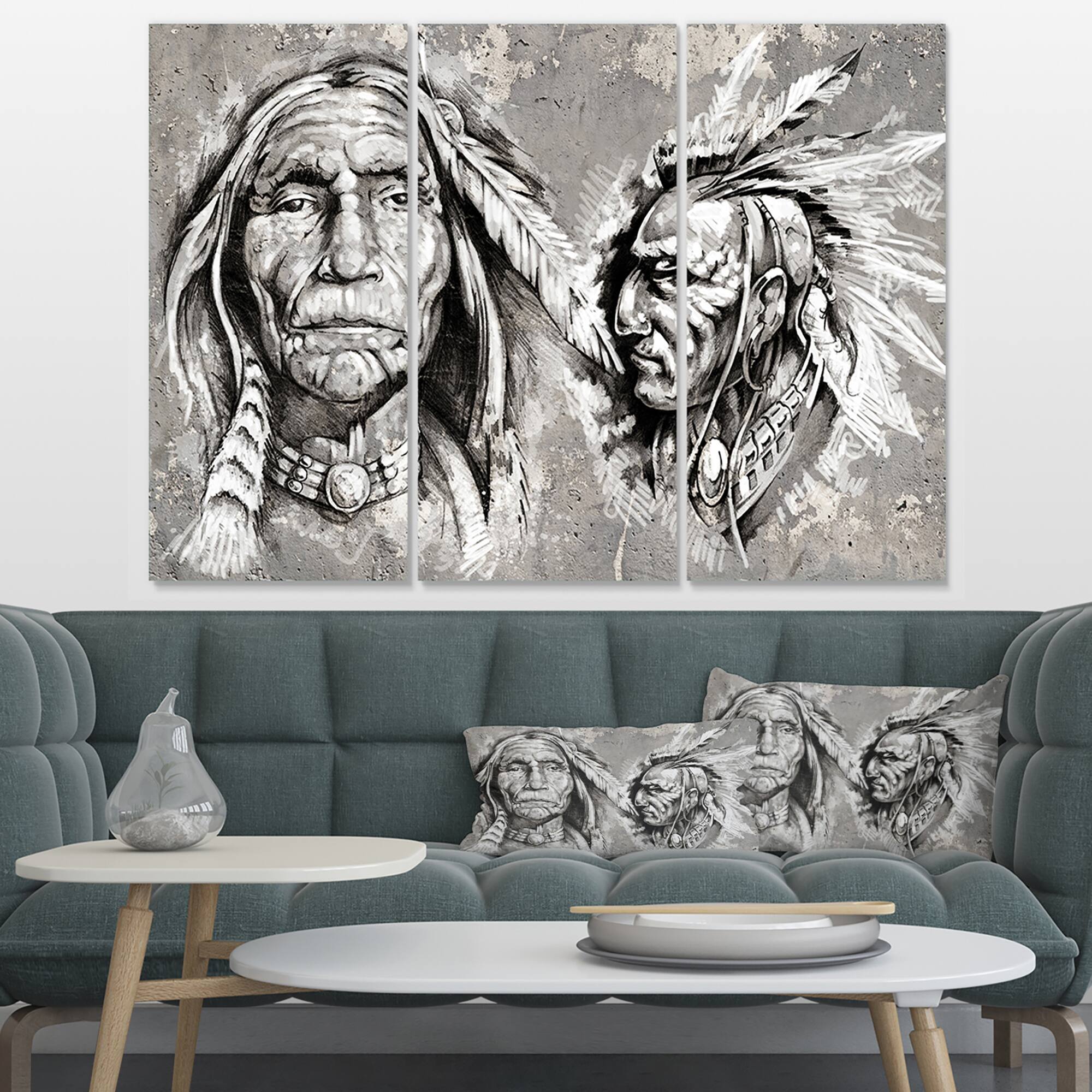 Designart - Native American Indian Heads - Abstract Portrait Canvas Print