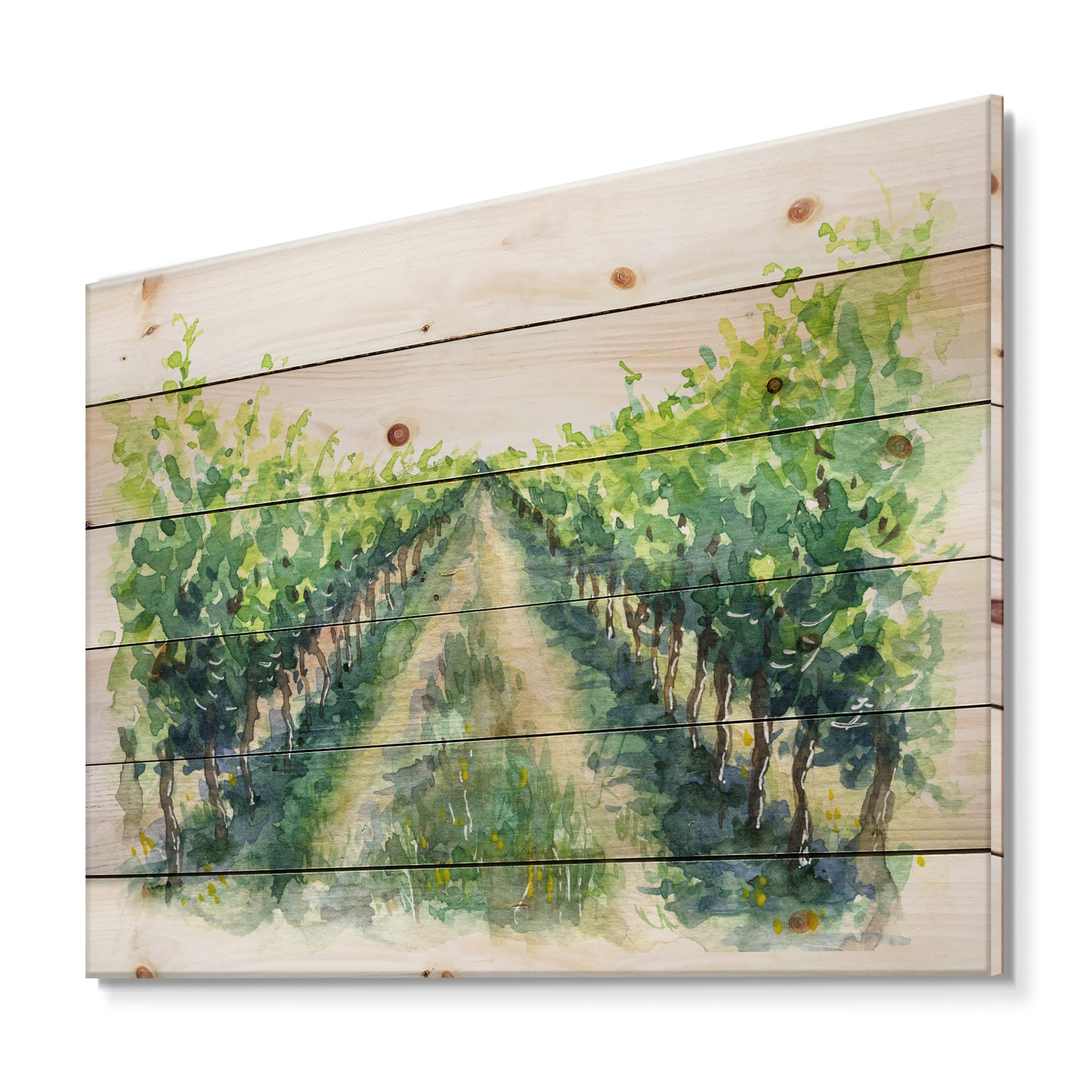 Designart - Rural Scene Vineyard Road - Traditional Print on Natural Pine Wood