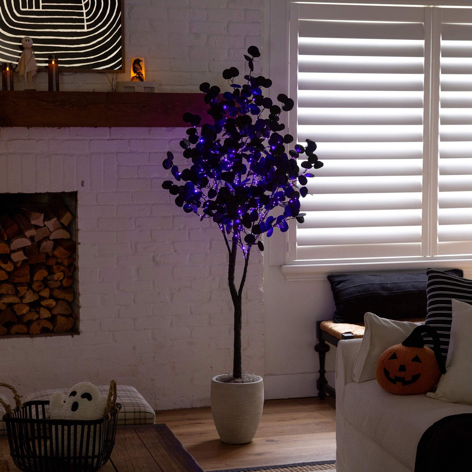 6ft. Pre-Lit Artificial Halloween Black Eucalyptus Tree with 300 Orange & Purple LED Lights