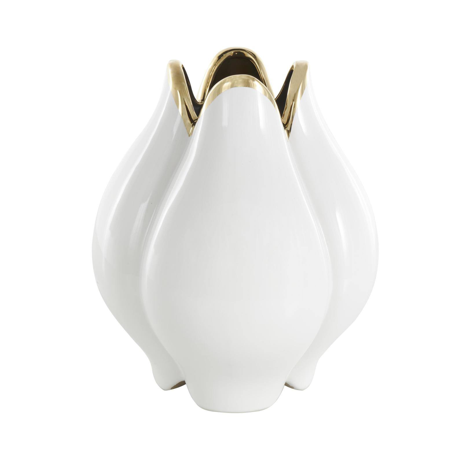 White Ceramic Dimensional Tulip Shaped Vase with Metallic Gold Rim
