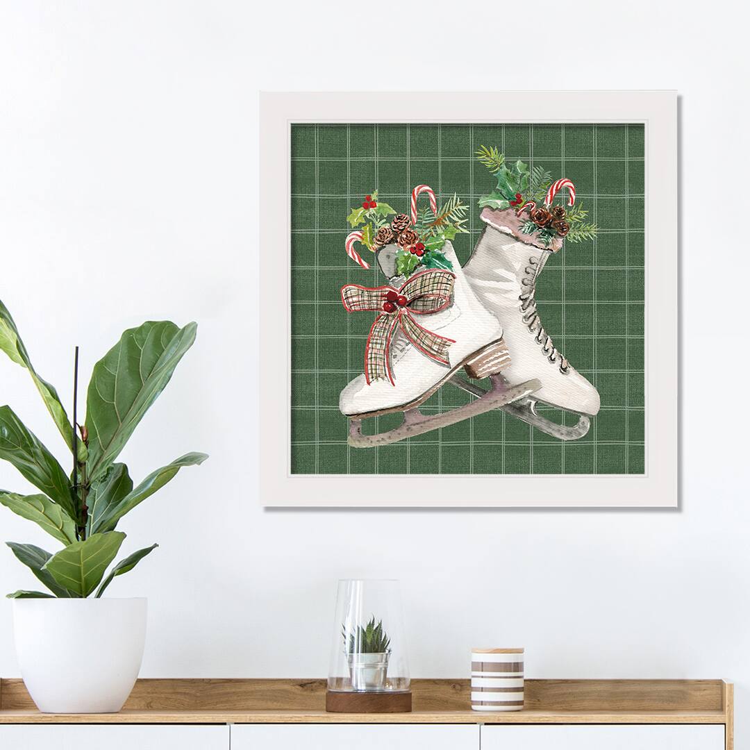 Green Christmas Ice Skates White Framed Canvas Wall Art