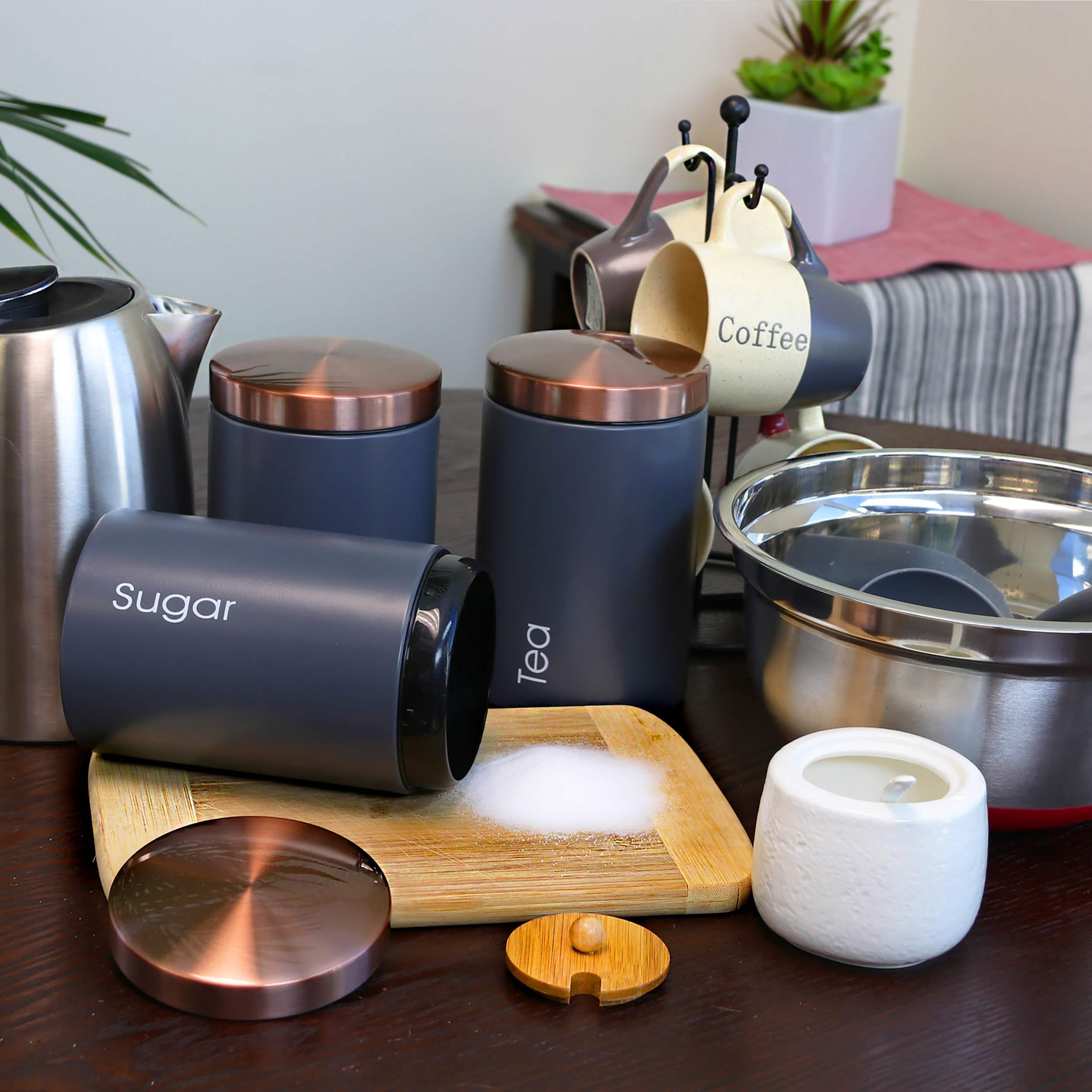 MegaChef Essential Kitchen Storage Matte Gray 3 Piece Sugar, Coffee & Tea Canister Set