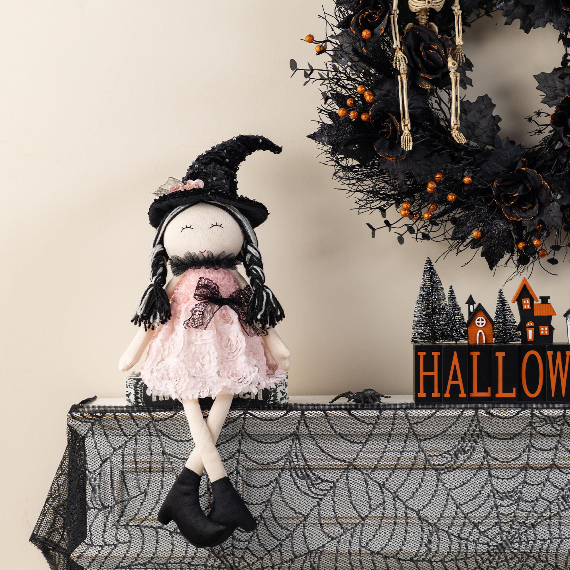 Glitzhome® 29"H Halloween Pink Fabric Dressed Witch Sitter