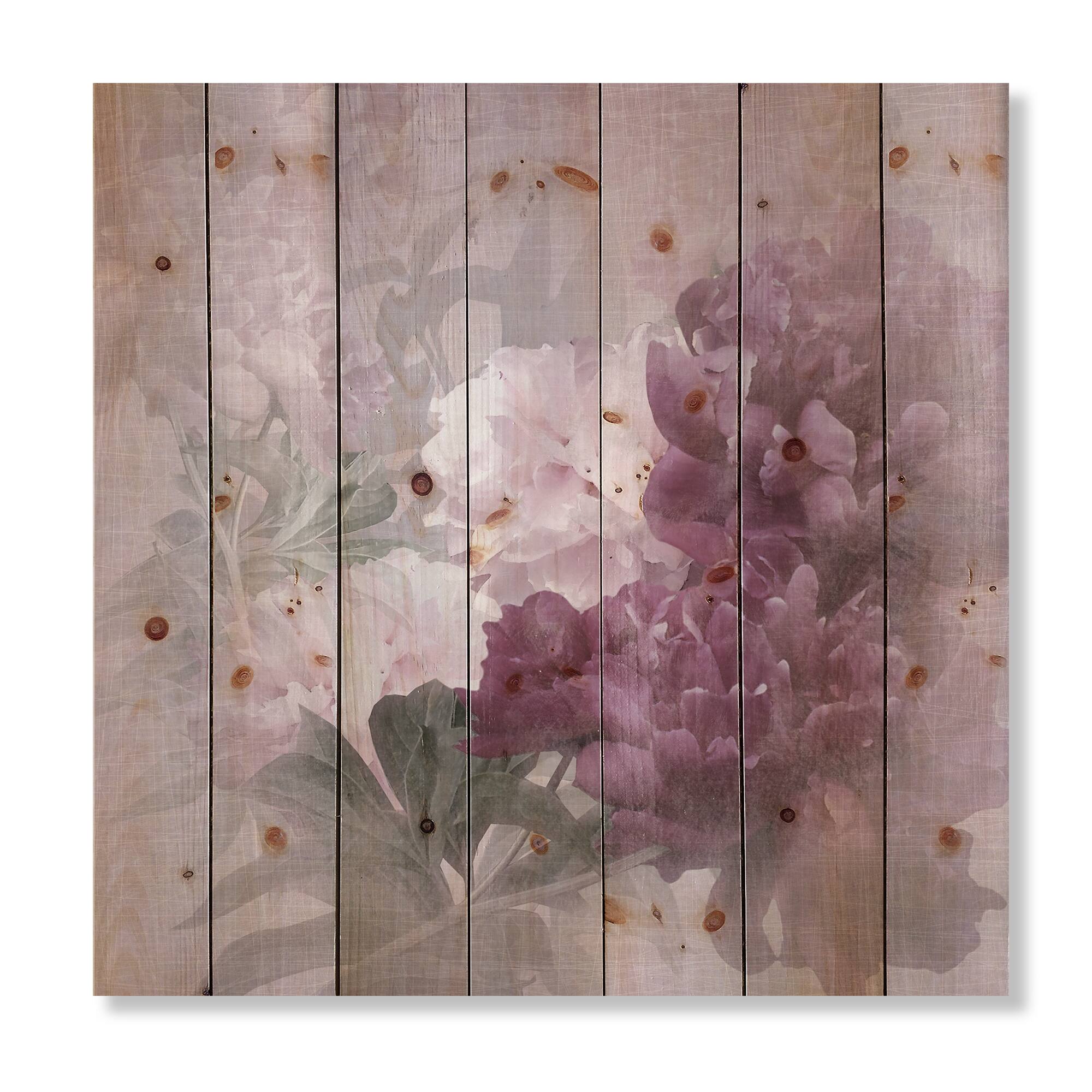 Designart - Vintage Purple and Pink Flowers II - Traditional Print on Natural Pine Wood