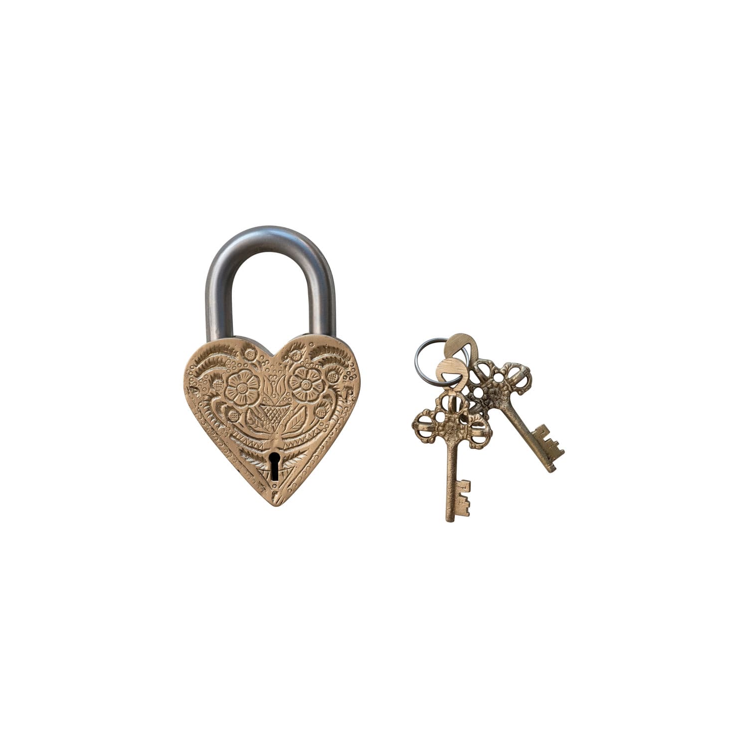 Hello Honey® Matte Finish Brass & Stainless Steel Heart-Shaped Lock with Flowers Set