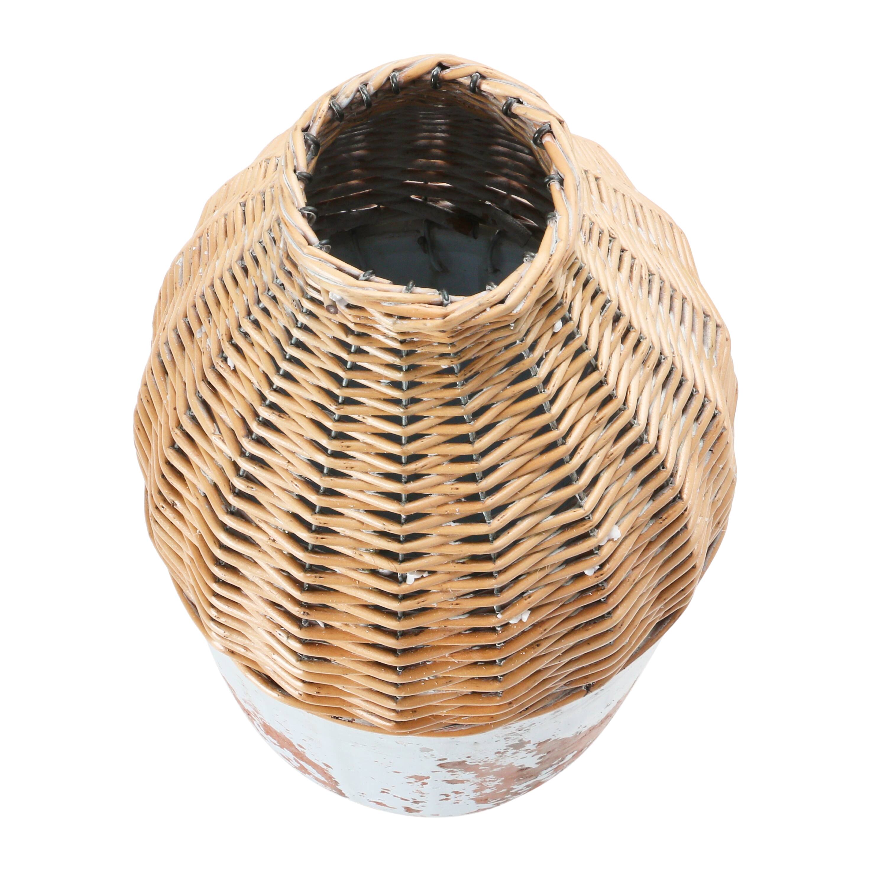 Hello Honey® 16.5" Distressed White Hand-Woven Rattan & Clay Vase