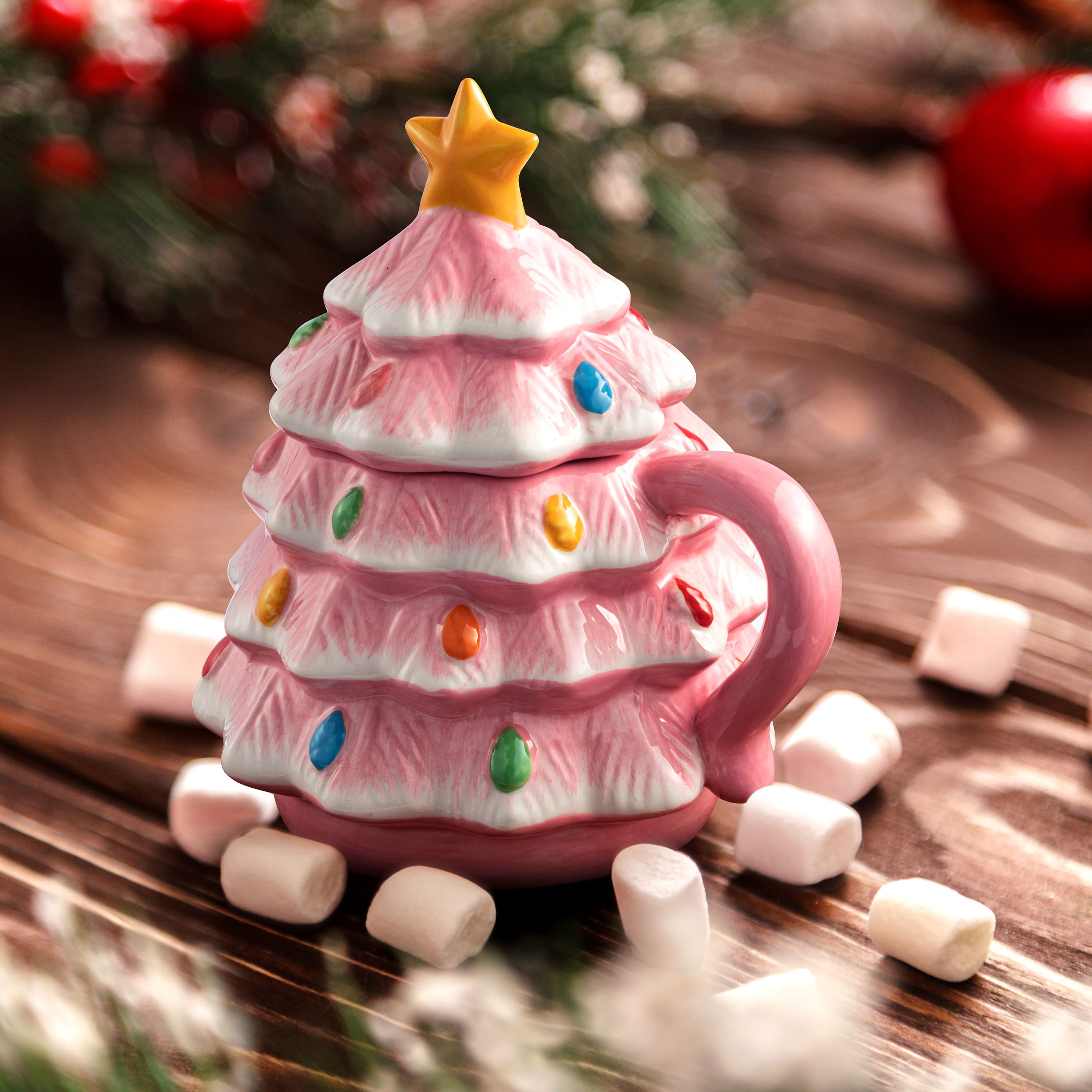 Mr. Christmas 16oz. Pink Nostalgic Ceramic Tree Lidded Mug