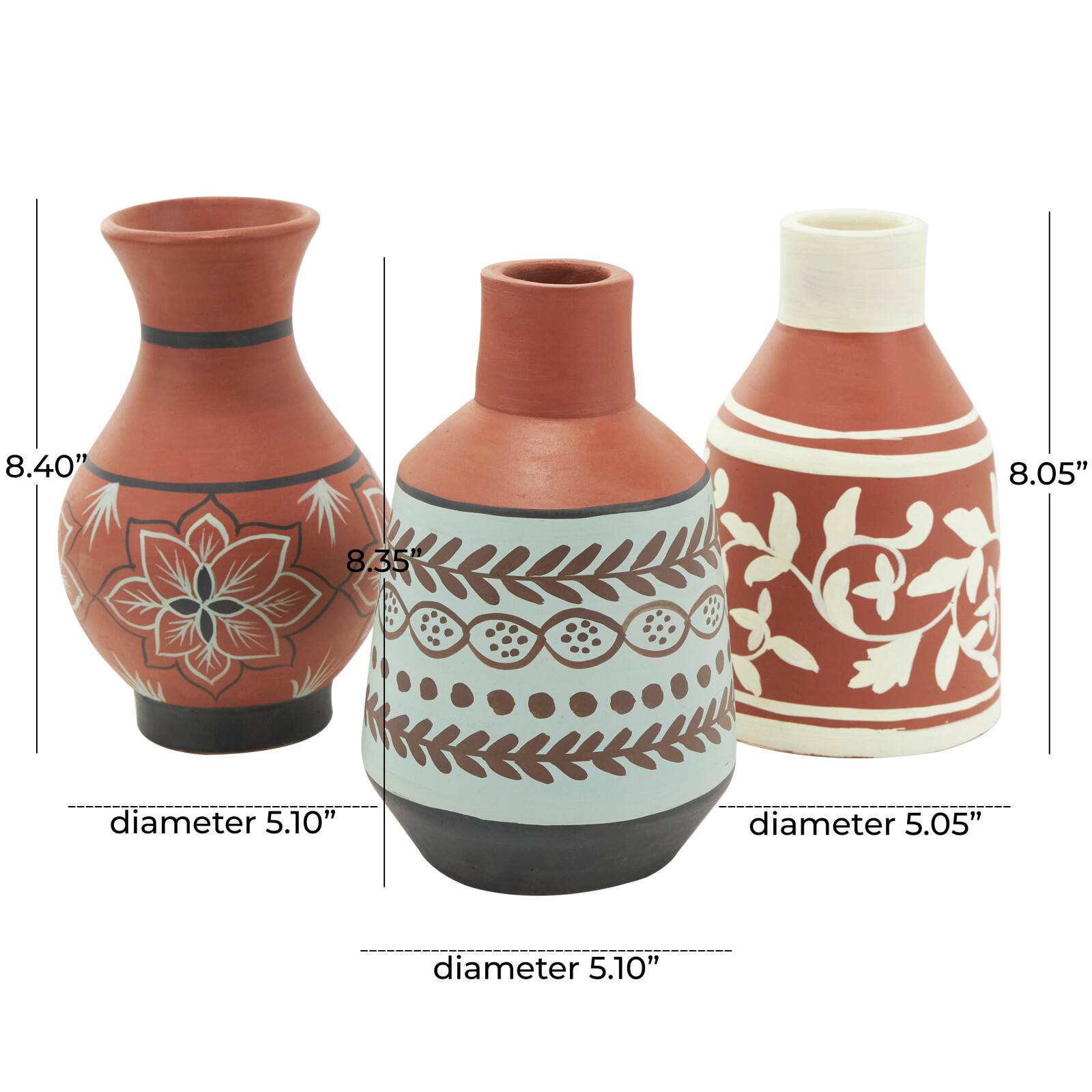 Orange Ceramic Floral Vase Set with 3 Different Patterns & Shapes