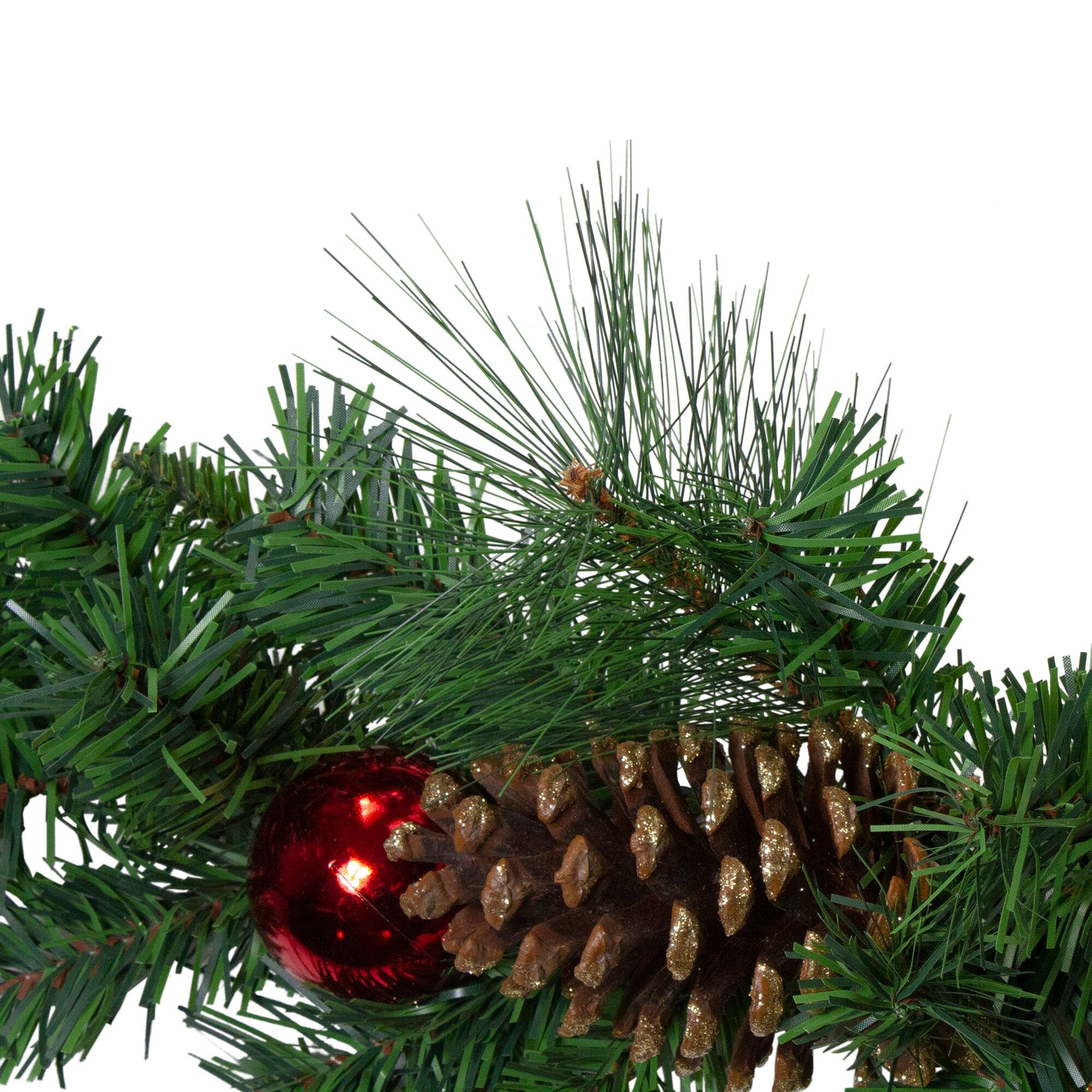 Red Balls &#x26; Poinsettias Gold Pine Cones with Berries Pine Garland, Unlit