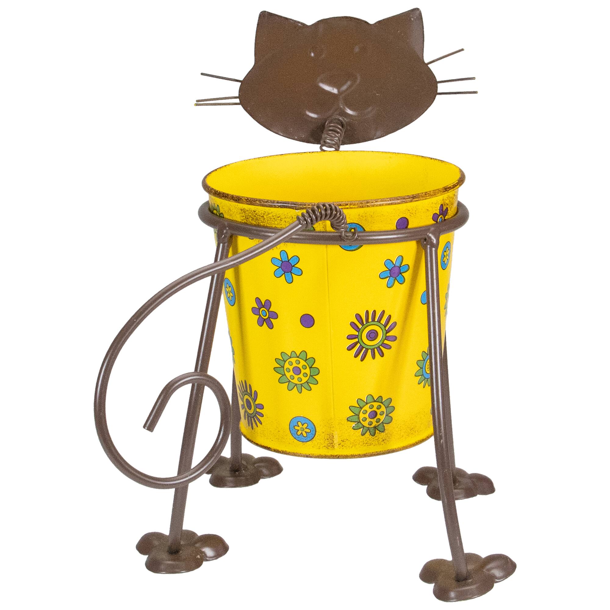 9&#x22; Yellow Floral Metal Cat Garden Planter