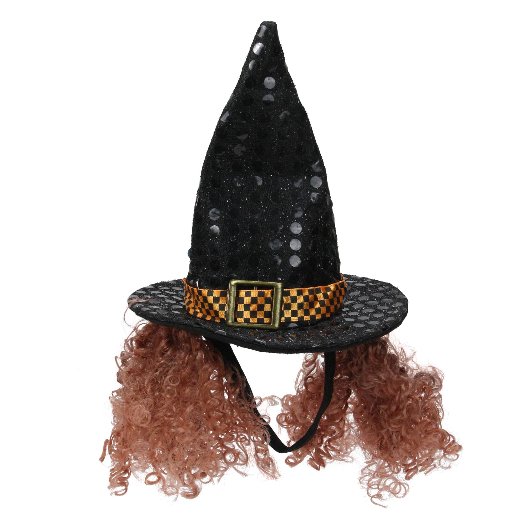 5.5&#x22; Black and Orange Shiny Polka Dotted and Checkered Pet Animal Witches Hat and Curly Hair Halloween Costume
