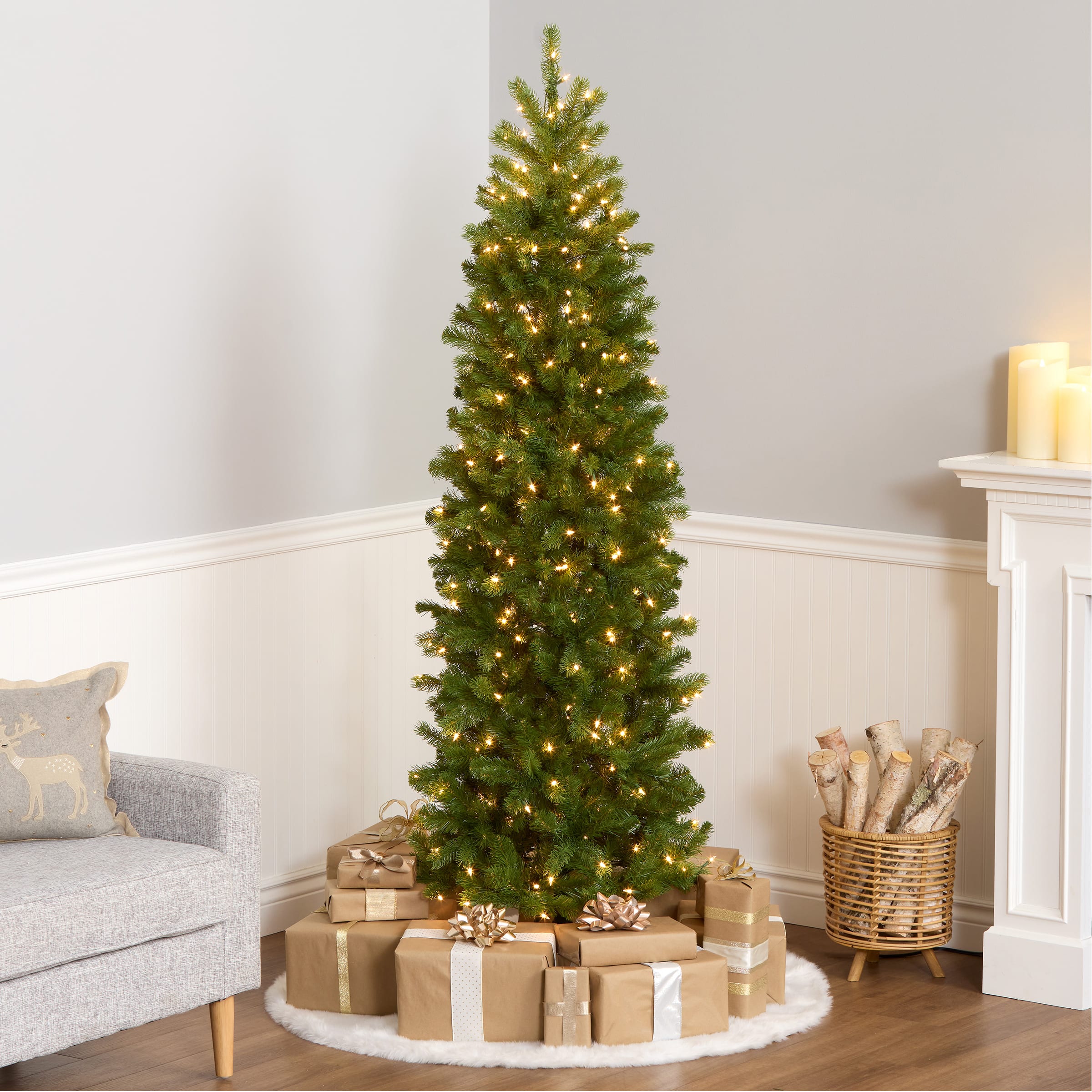 6.5 Ft. Pre-Lit Feel Real® Downswept Douglas Fir Pencil Slim Artificial Christmas Tree, Clear Lights