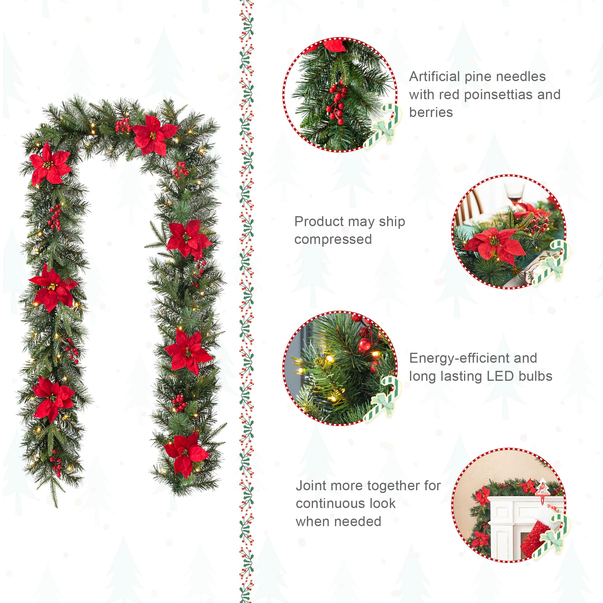 Glitzhome&#xAE; 9ft. Pre-Lit Greenery Pine Poinsettia and Berries Christmas Garland with LED Lights and Timer