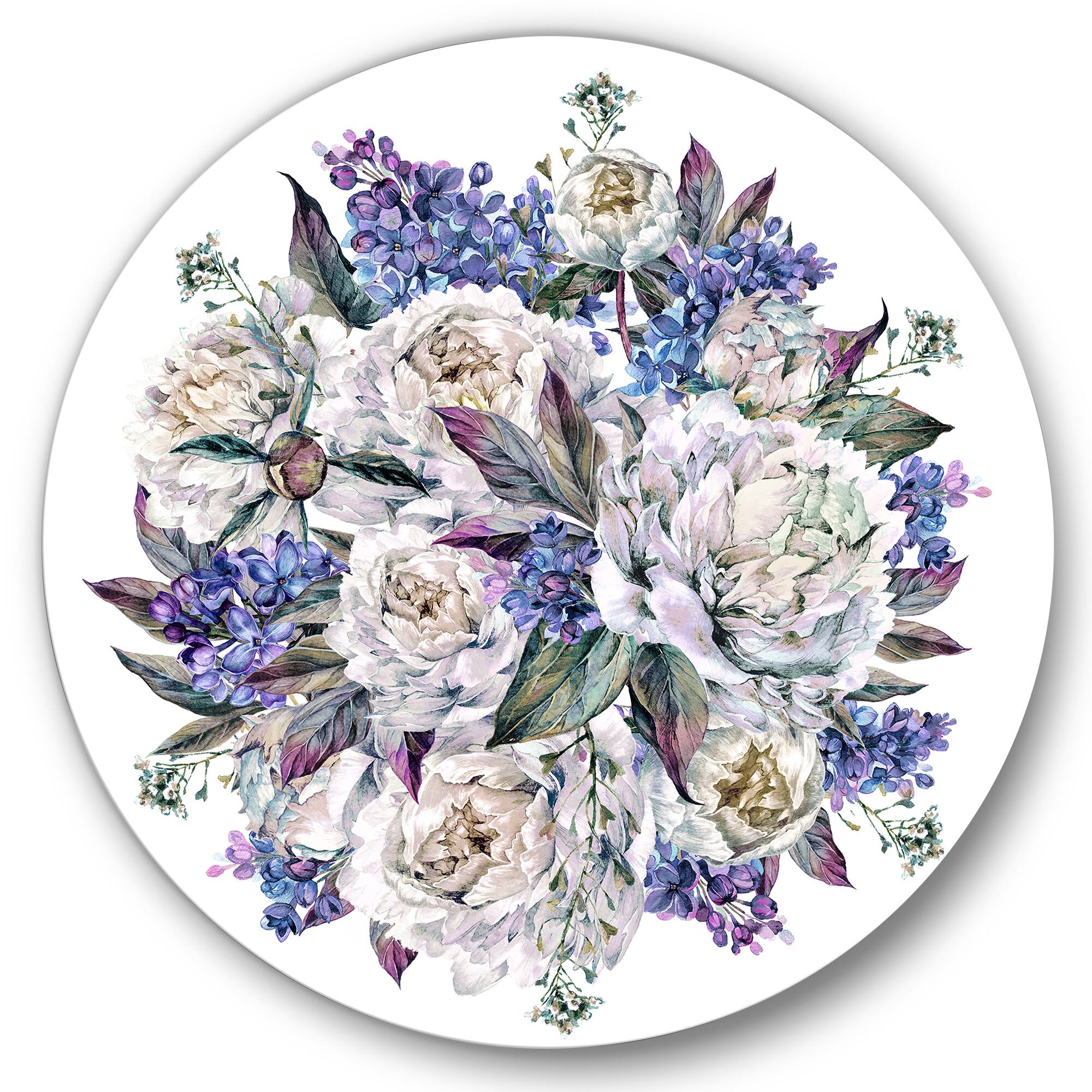 Designart - Bouquet Peonies In White and Blue - Traditional Metal Circle Wall Art