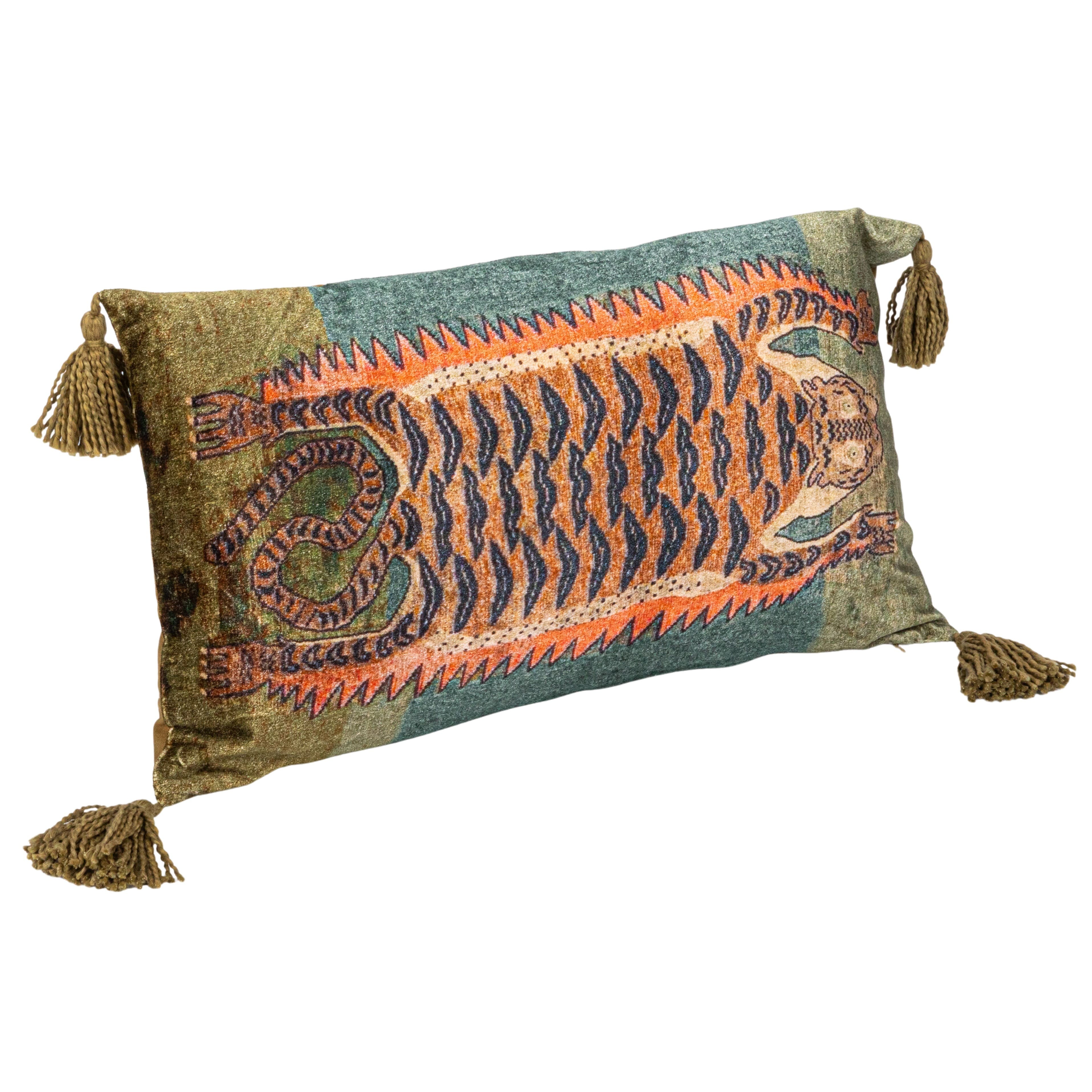 24&#x22; Multicolor Tiger Cotton Velvet Lumbar Pillow with Tassels