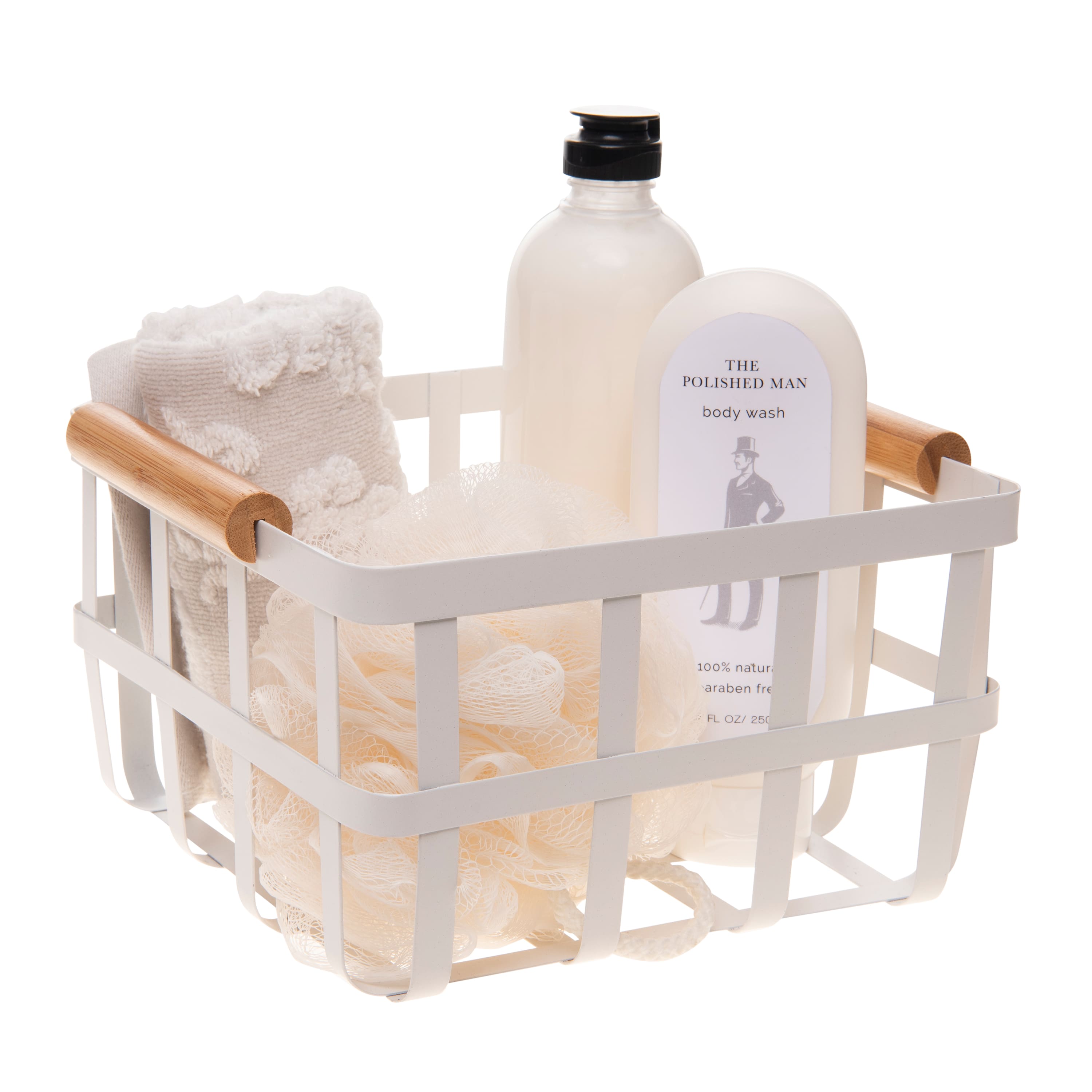 Simplify Small Square White Metal Basket with Bamboo Handles