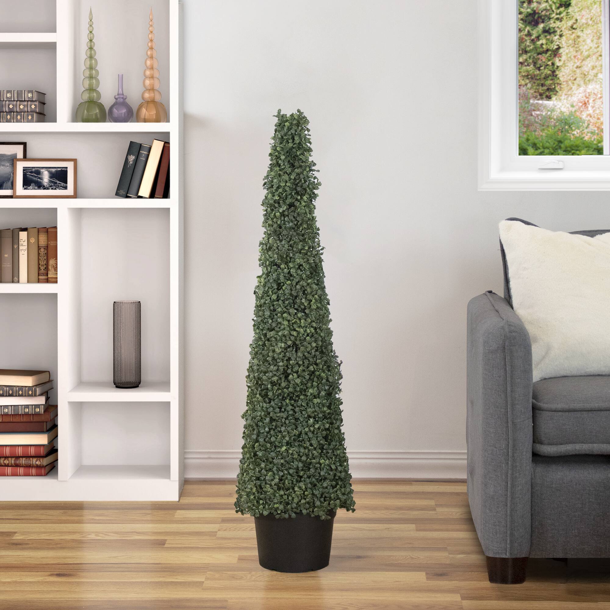 4ft. Unlit Artificial Two-Tone Boxwood Pyramid Topiary Tree with Round Pot
