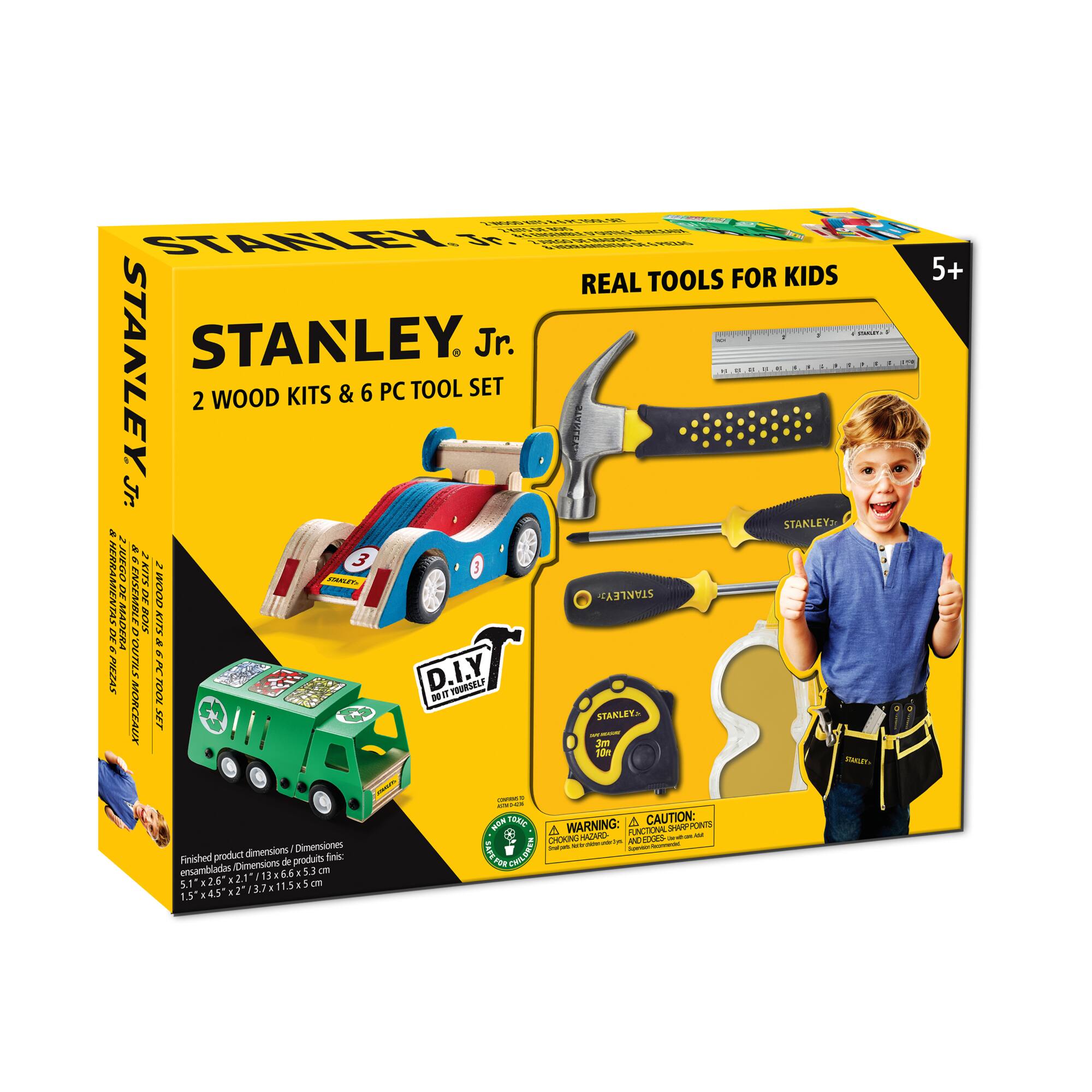 Red Toolbox Stanley Jr 6-Piece Tool Set With Recycling Truck & Pull Back Sports Car Kit