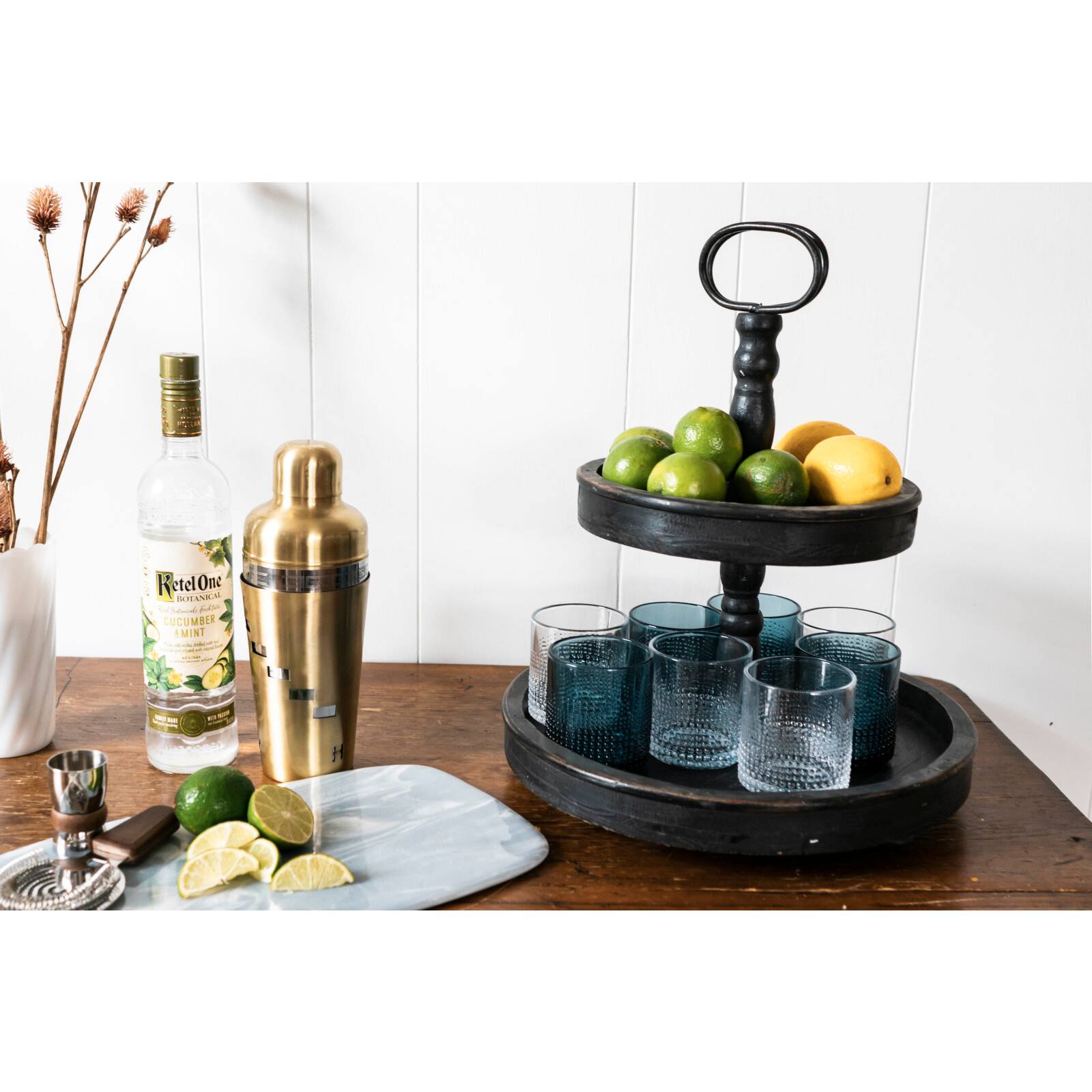 Hello Honey&#xAE; 18.5&#x22; Distressed Black Wood 2-Tier Tray