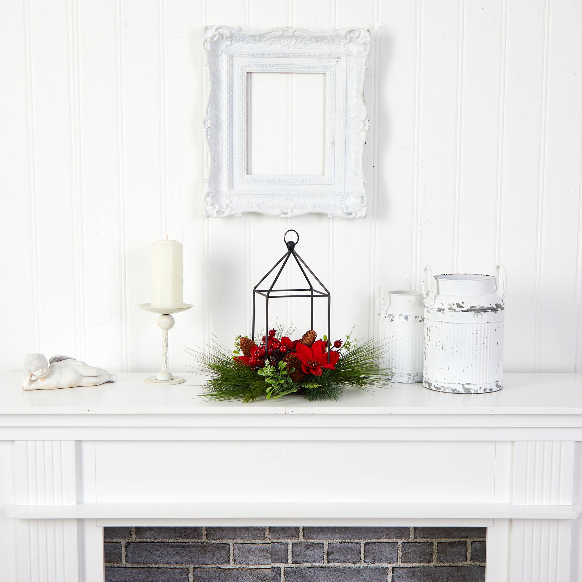 14" Christmas Poinsettia, Berry & Pinecone Metal Candle Holder Artificial Table Arrangement