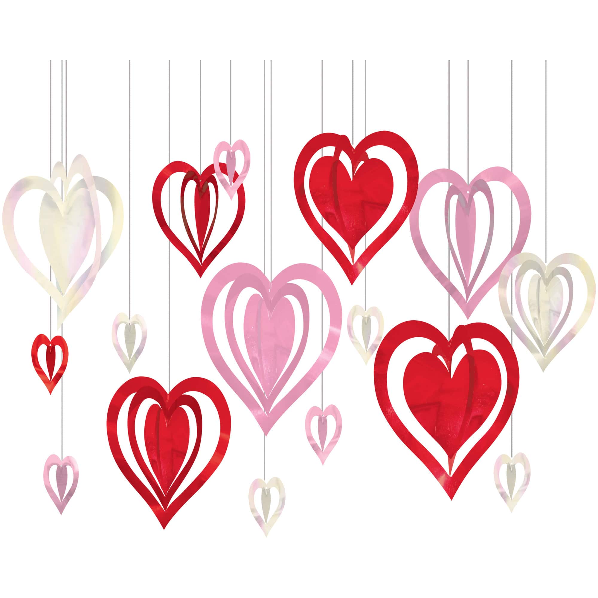 Pink, Red &#x26; Iridescent 3D Heart Foil &#x26; Plastic Hanging Decorations, 32ct.