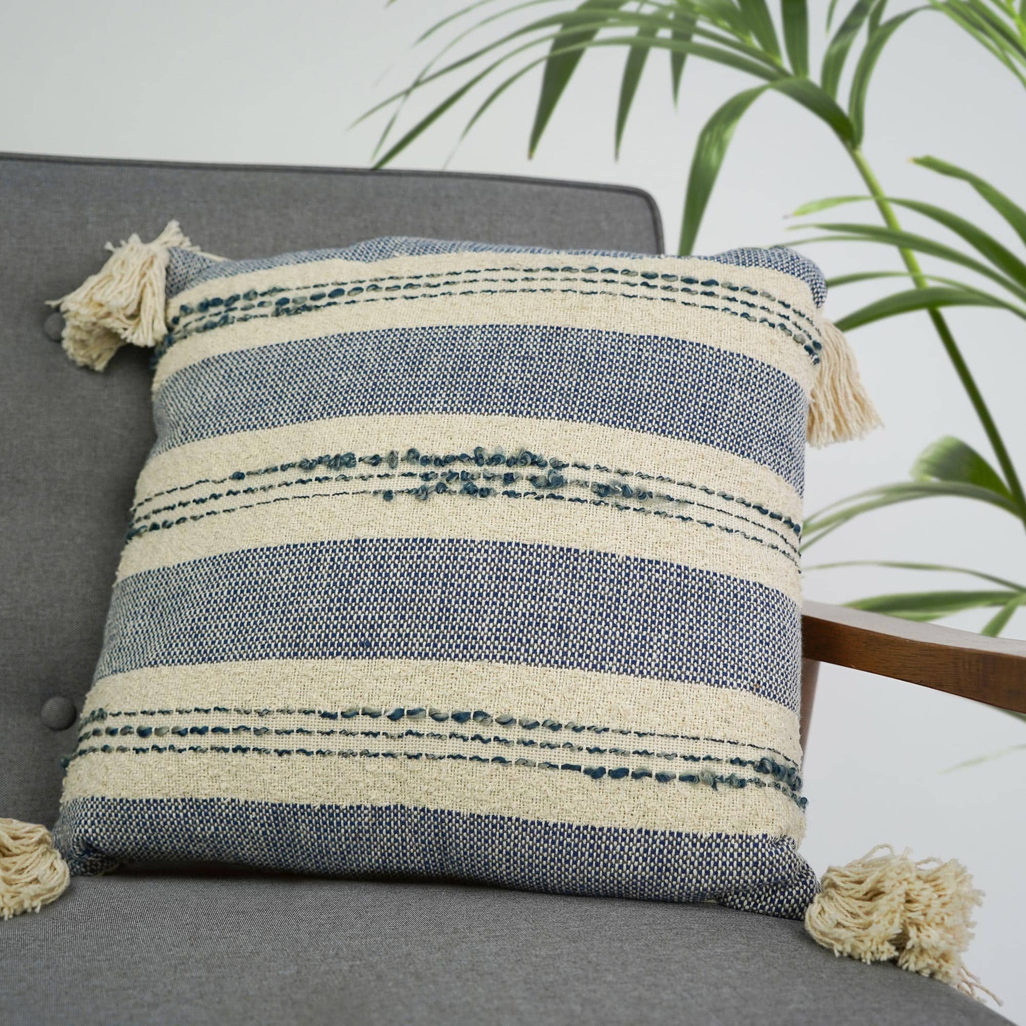 American Art D&#xE9;cor&#x2122; Handwoven Blue &#x26; Natural Boho Decorative Throw Pillow