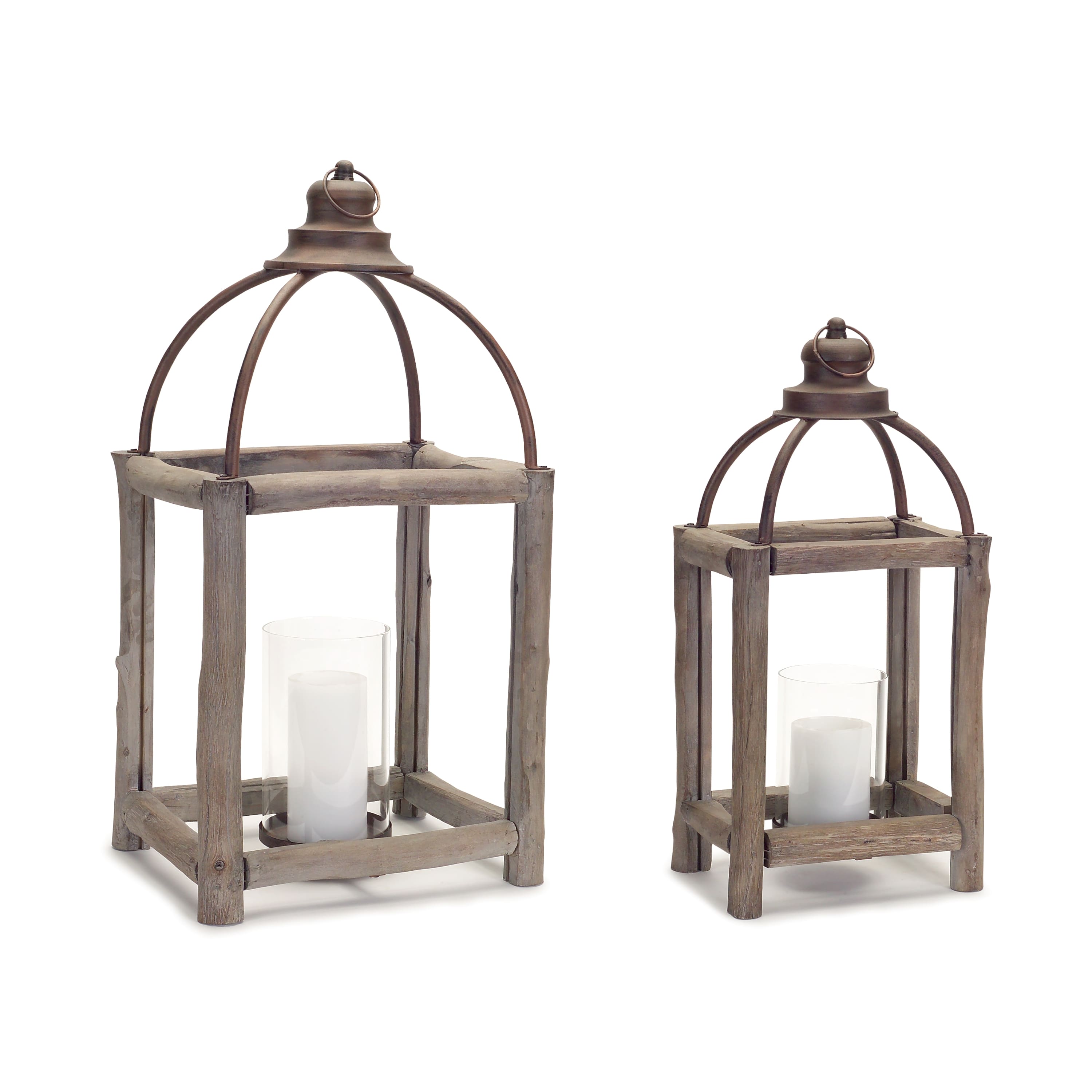 Natural and Copper Wood, Metal &#x26; Glass Lantern Set, 20.5&#x27;&#x27; &#x26; 26&#x27;&#x27;