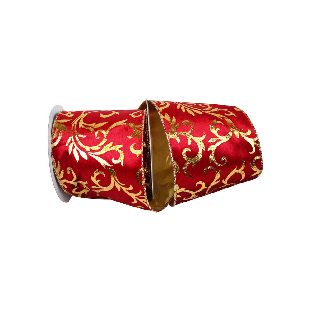 JAM Paper 4&#x22; x 10yd. Scarlet &#x26; Gold Scroll Wired Plush Velvet Ribbon