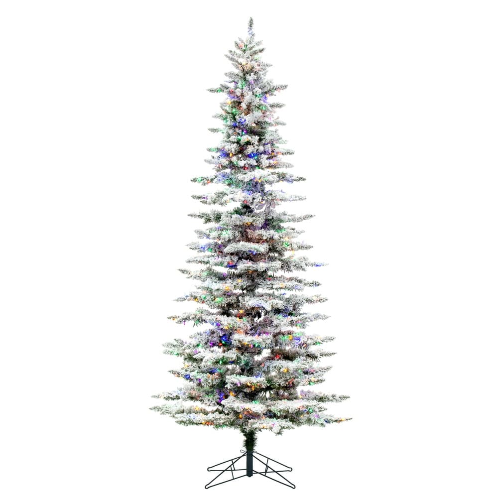 9ft. Pre-Lit Flocked Utica Fir Slim Artificial Christmas Tree, Multi-Colored LED Lights