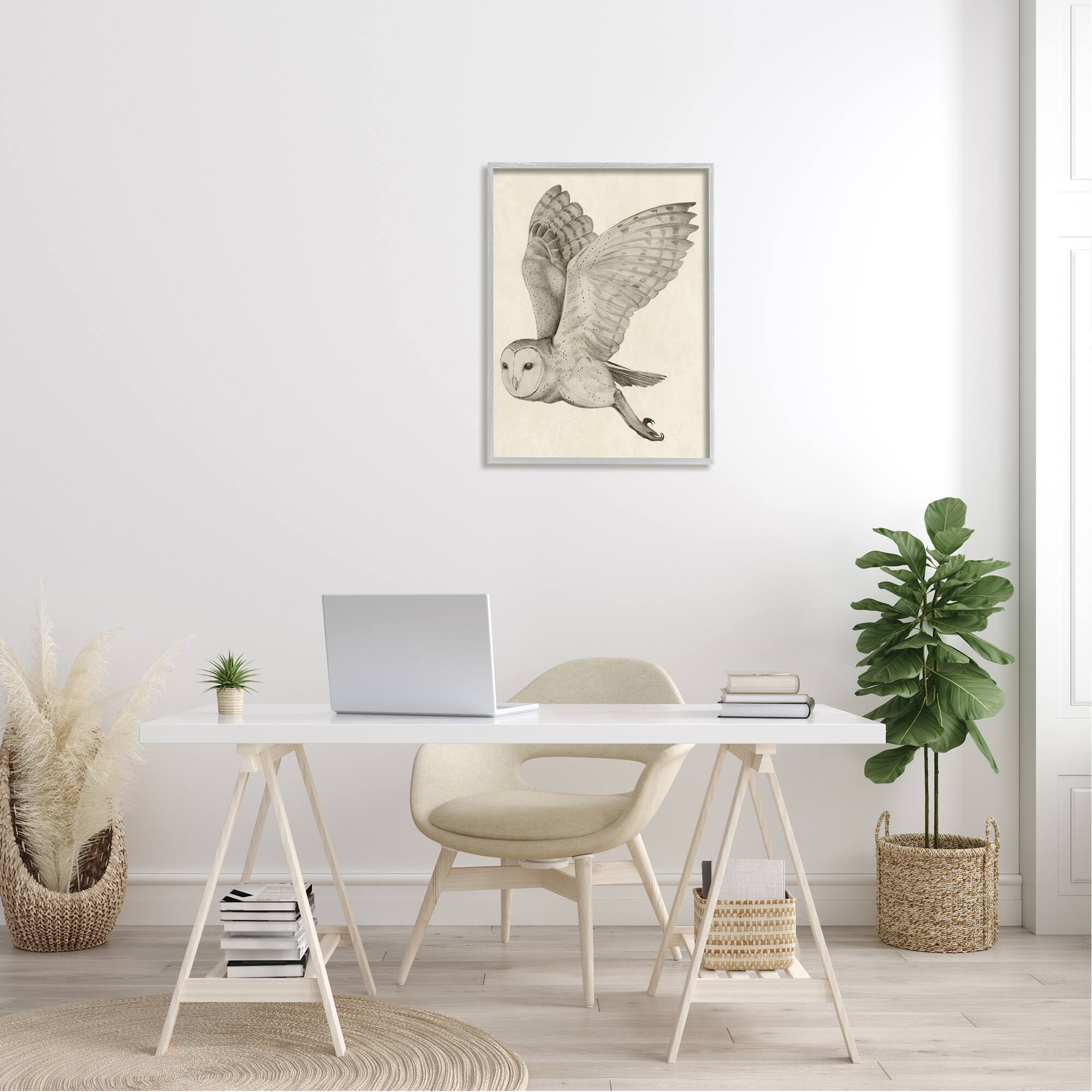 Stupell Industries Flying Barn Owl Wings Detailed Drawing Framed Giclee Art