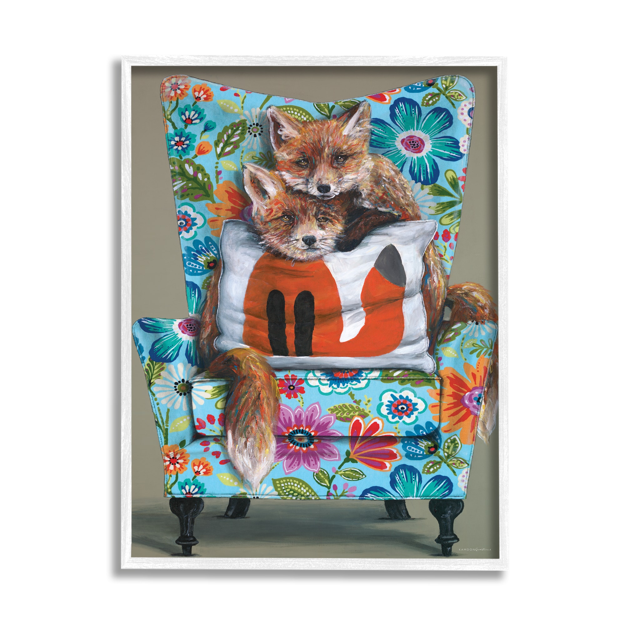 Stupell Industries Red Fox Pair Sitting Chair Spring Floral Pattern Framed Wall Art