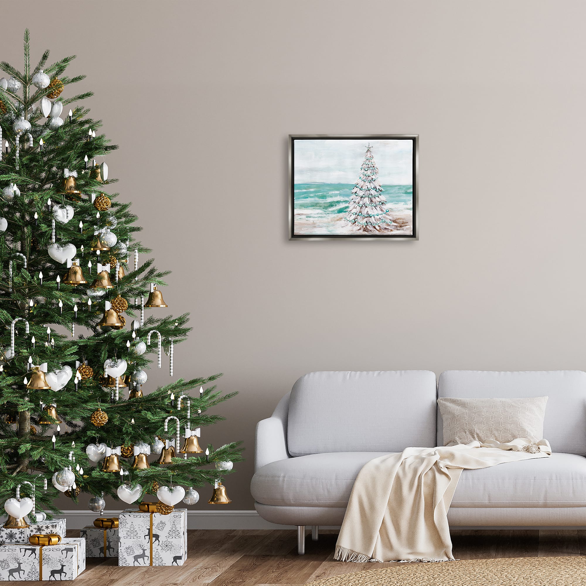 Stupell Industries Snowy Christmas Tree Beach Shore Framed Floater Canvas Wall Art