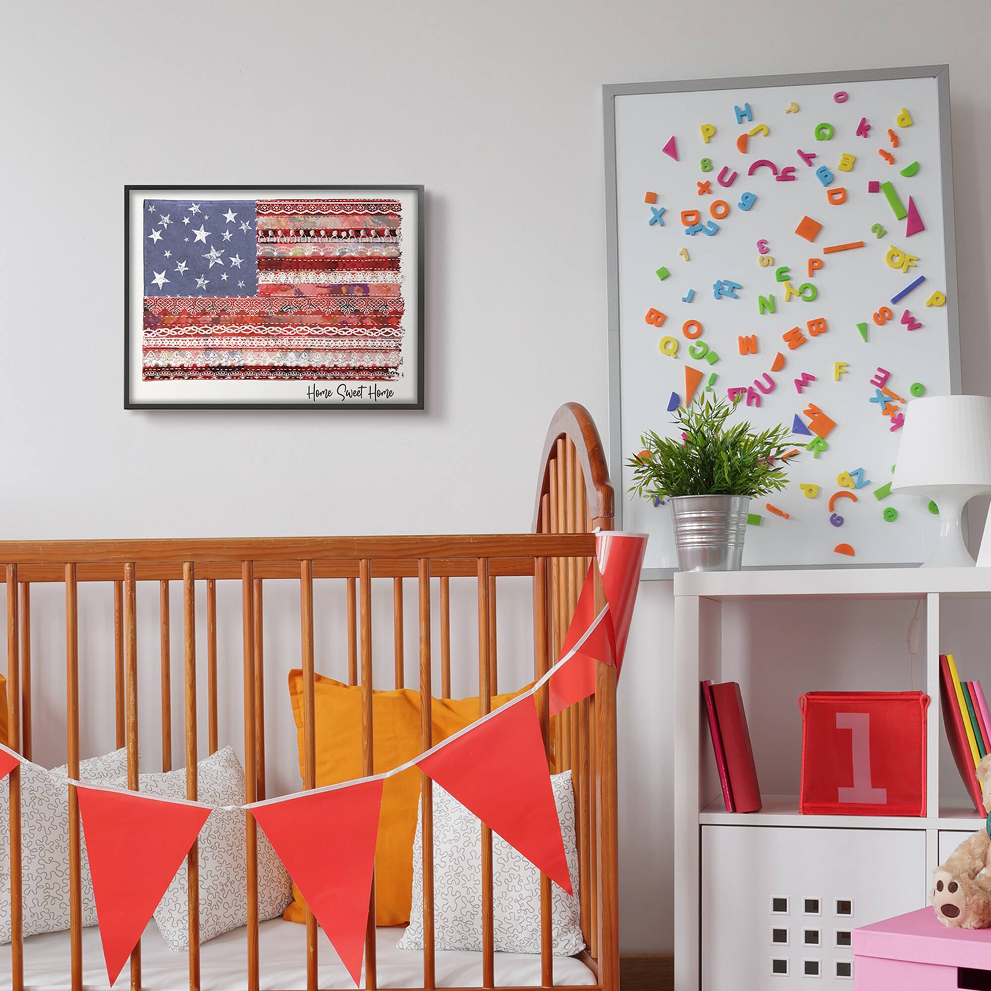 Stupell Industries Home Sweet Home Phrase Lace Pattern American Flag in Black Frame Wall Art