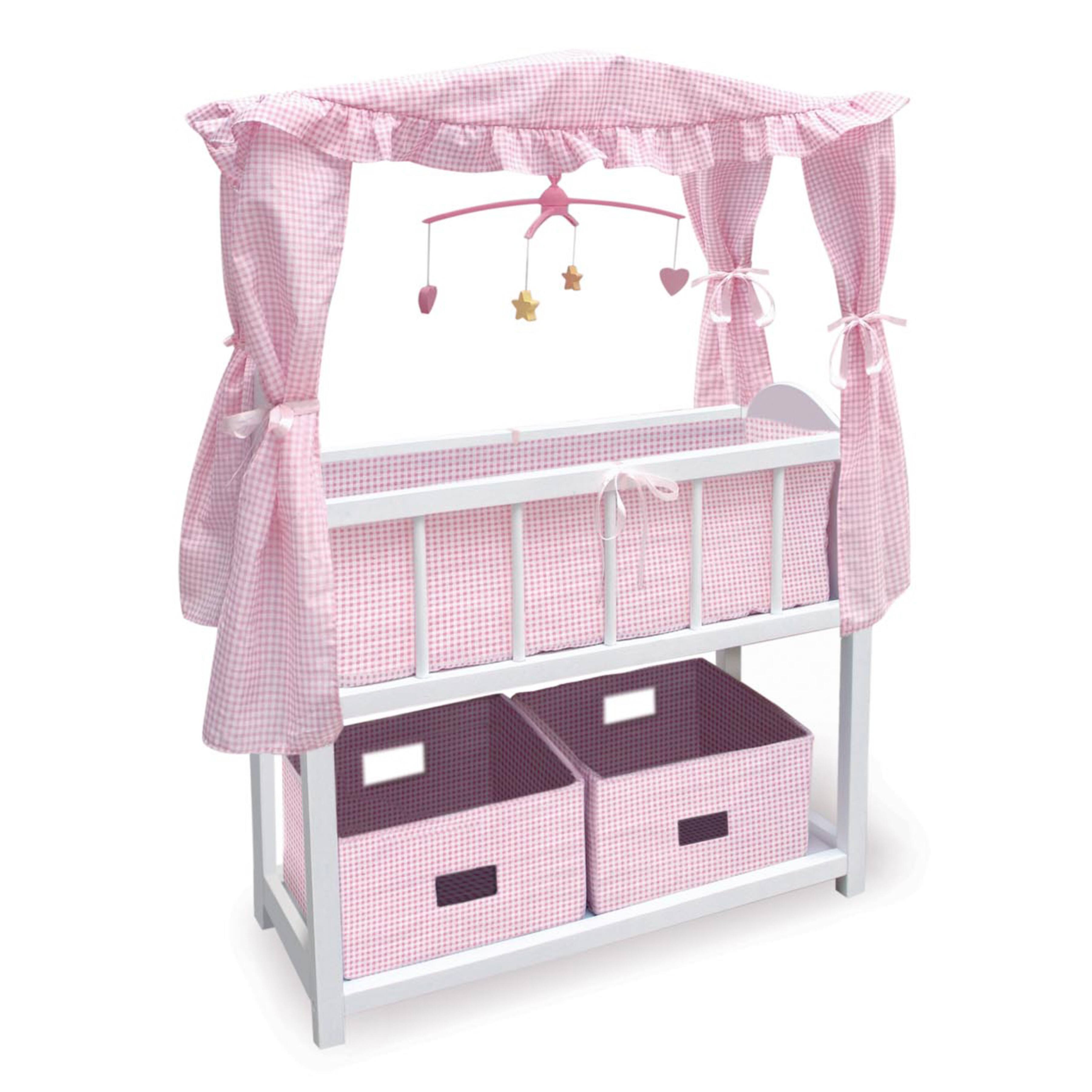 Badger Basket Pink & White Canopy Doll Crib with Baskets, Bedding & Mobile