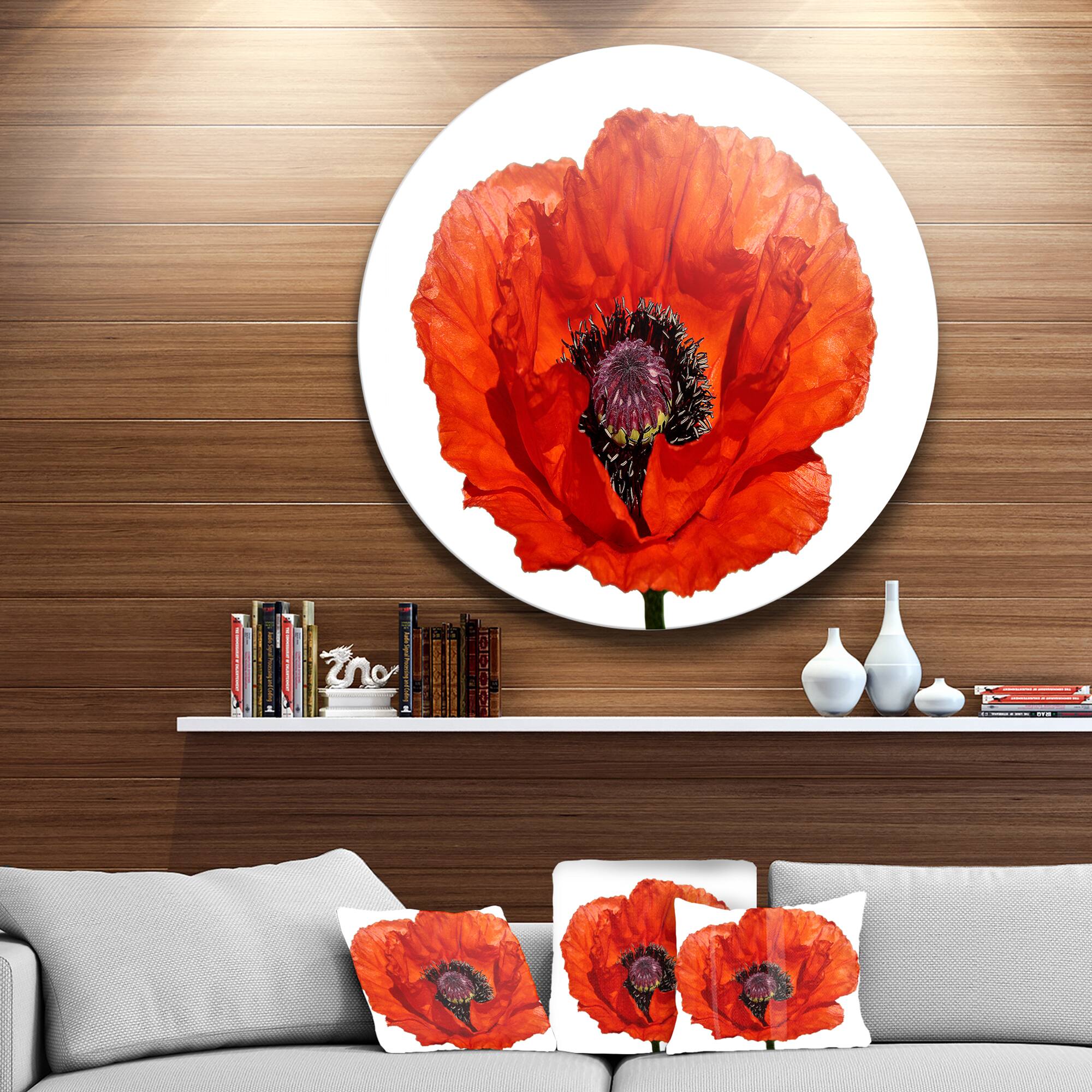 Designart - Red Poppy Blossom Close Up&#x27; Floral Metal Circle Wall Art