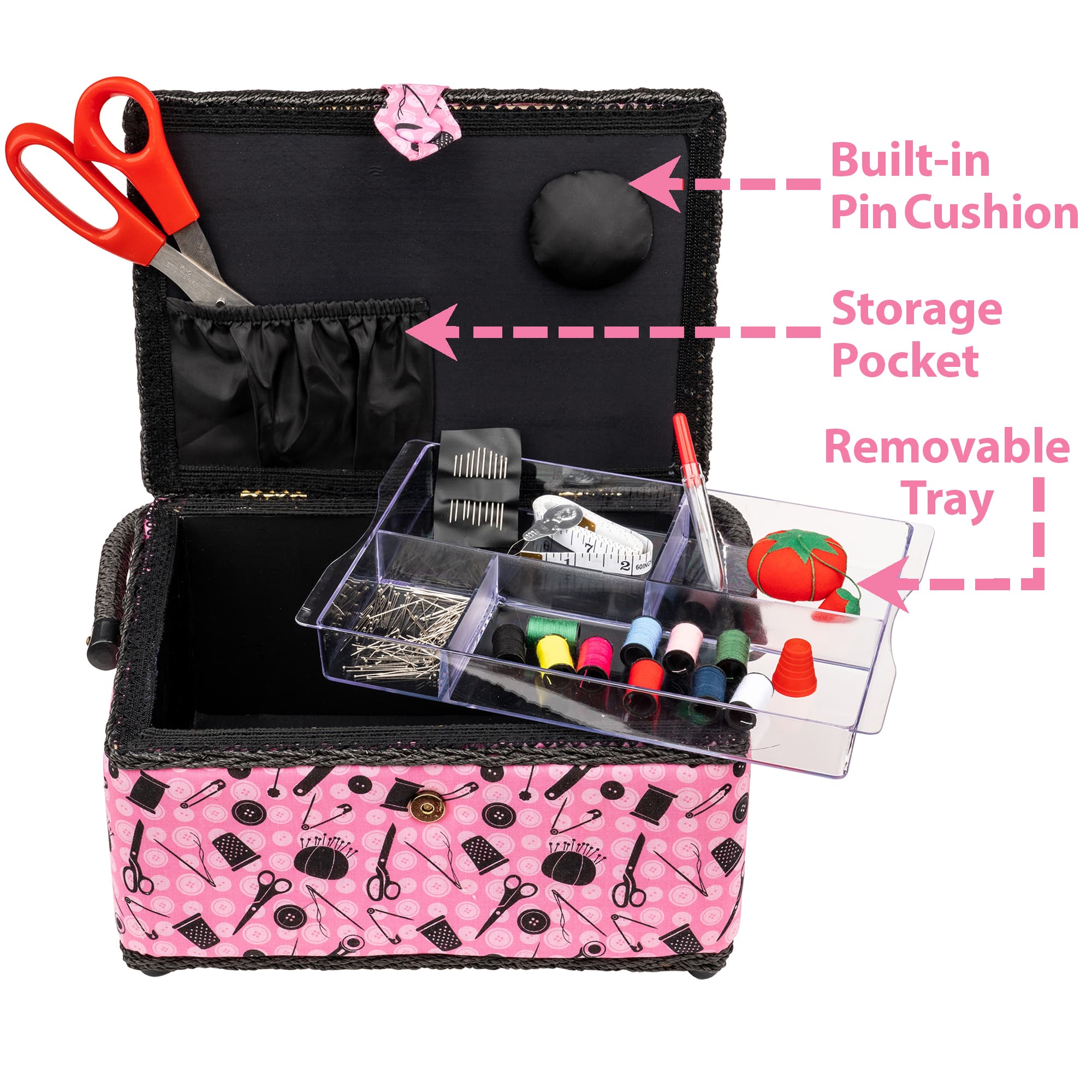 SINGER® Pink & Black Notions Pattern Sewing Basket Kit
