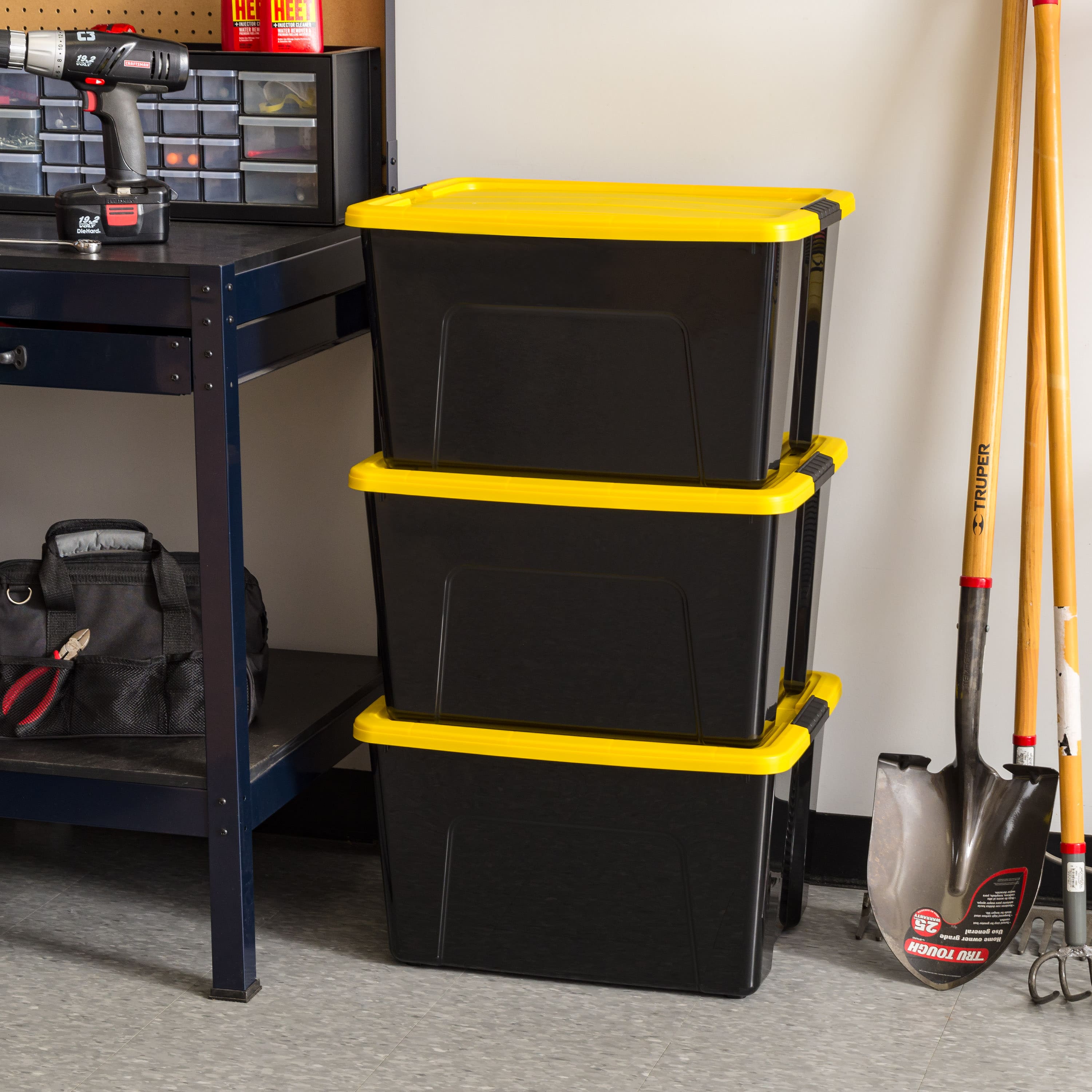 IRIS&#xAE; 60qt. Buckled Black Boxes with Yellow Buckle Lids, 6ct.