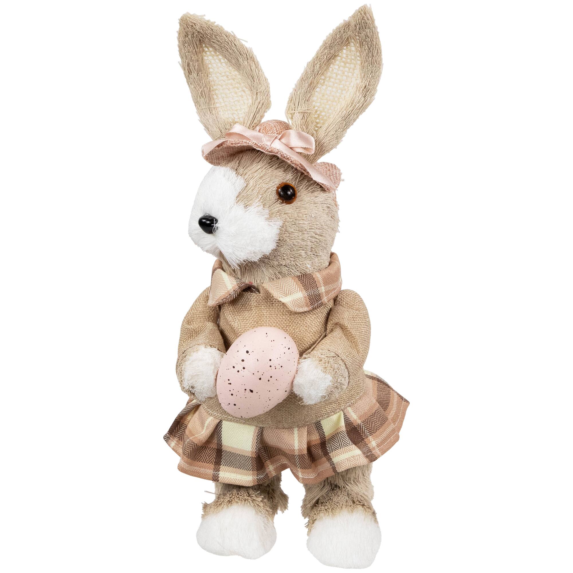 12" Beige Girl Easter Rabbit Figurine with Plaid Dress