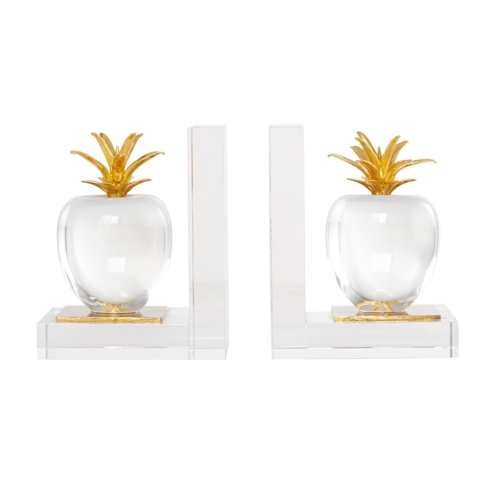 6&#x22; Clear Crystal Fruit Apple Bookends with Gold Leaves Set