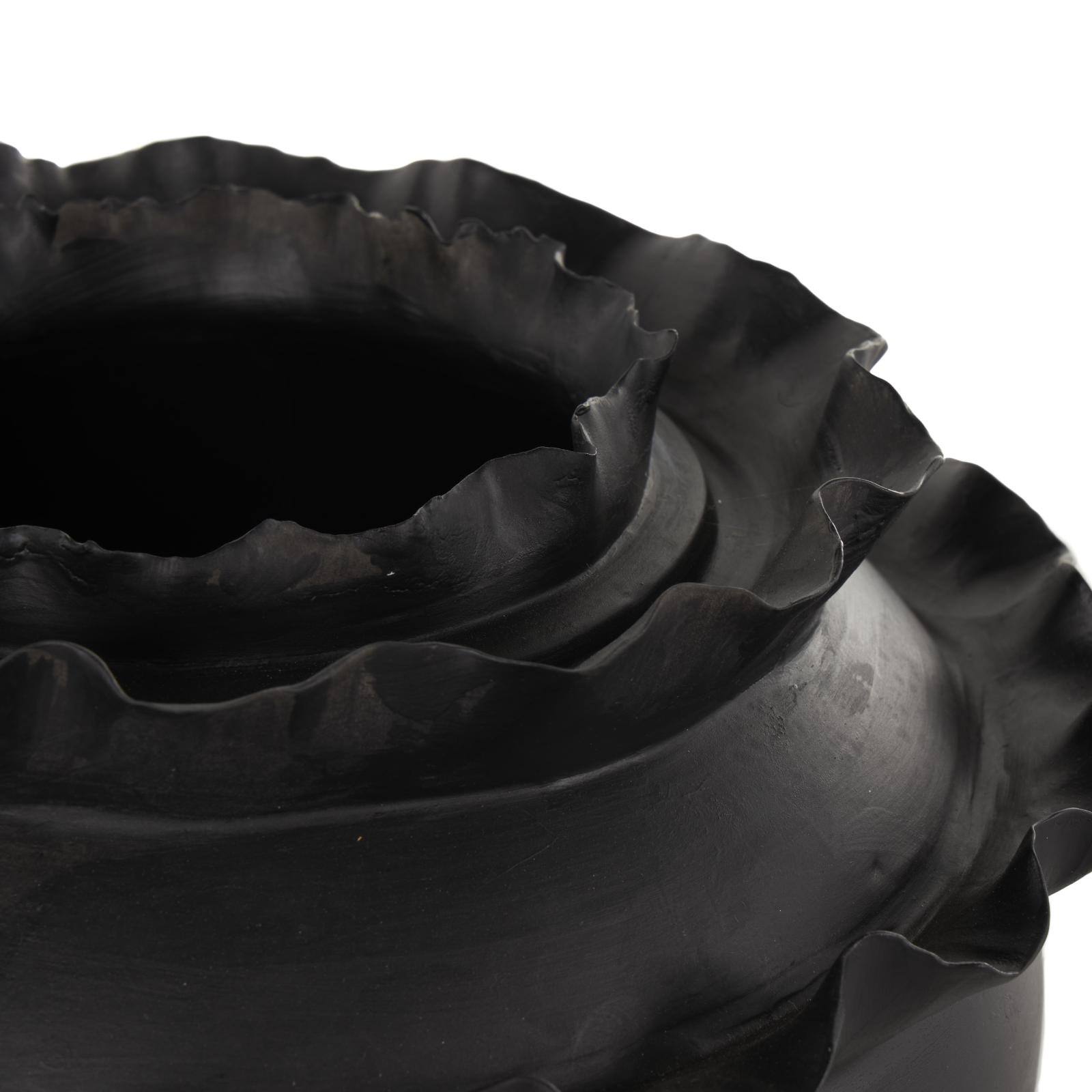 11.5" Black Wide Abstract Floral Ceramic Vase with Layered Petals