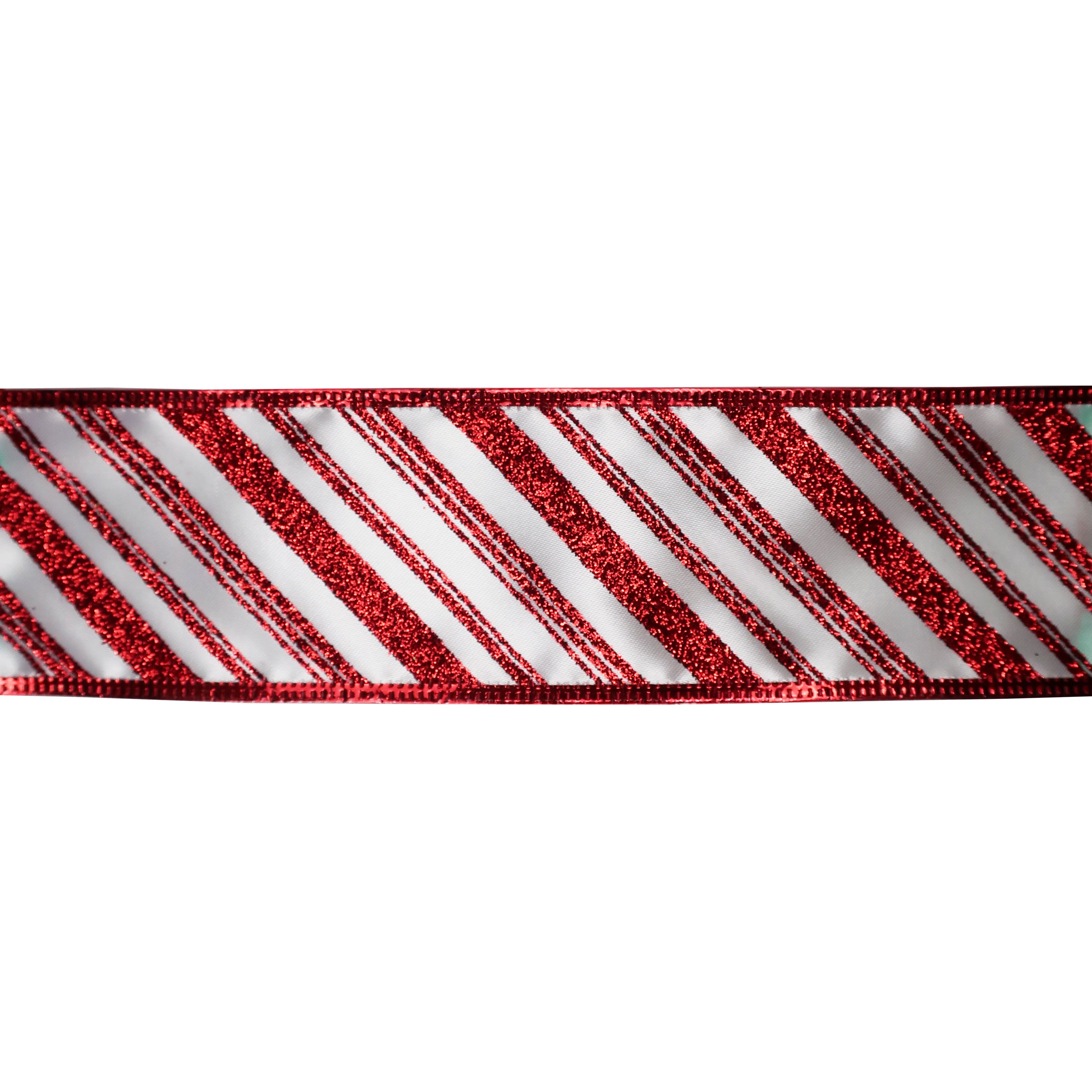 2.5&#x22; x 20ft. Red &#x26; White Double Striped Wired Taffeta Glitter Ribbon by Celebrate It&#xAE; Christmas