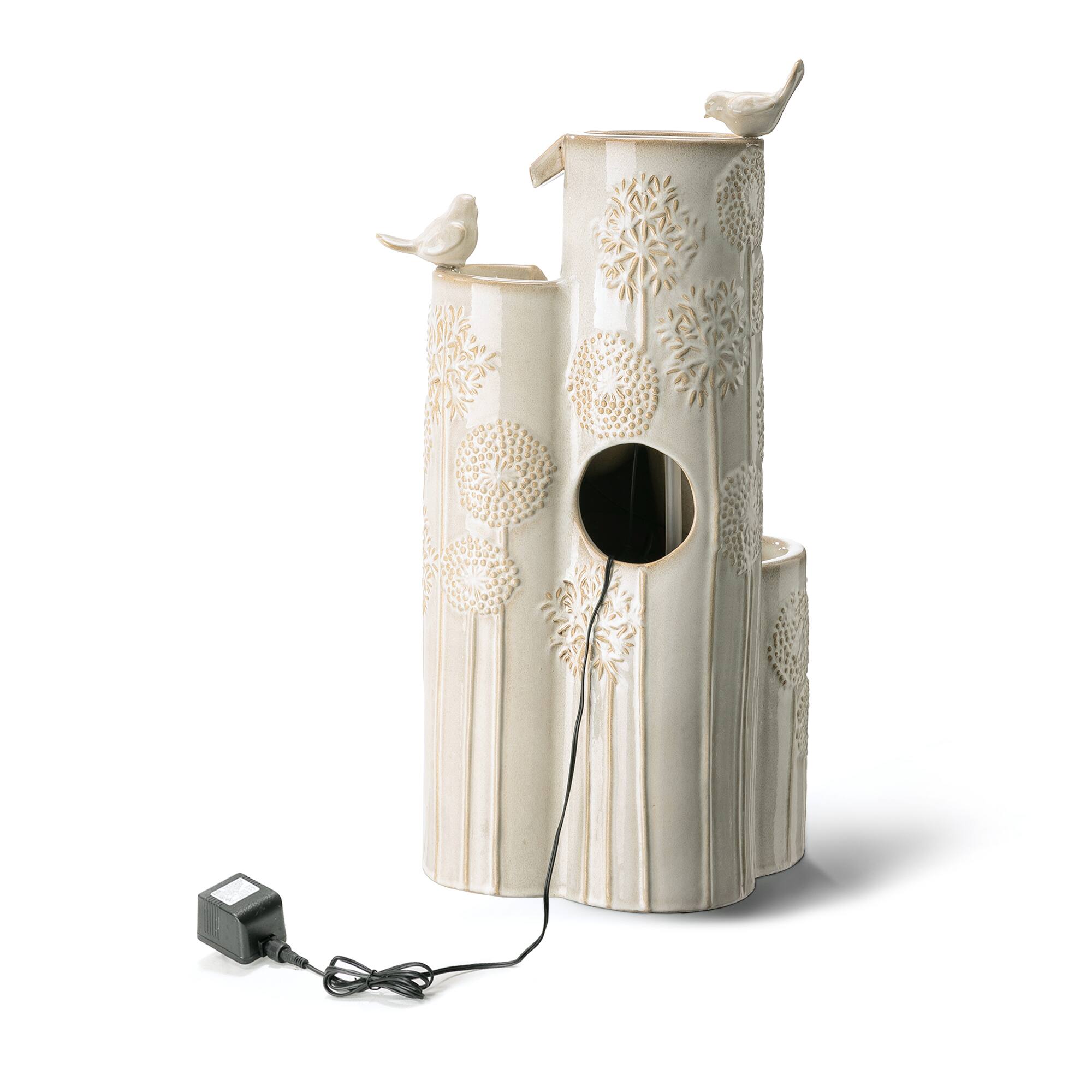 Glitzhome&#xAE; 31.75&#x22; Beige 4-Tier Dandelion Texture Vase-Shaped Ceramic Outdoor Fountain with LED Light