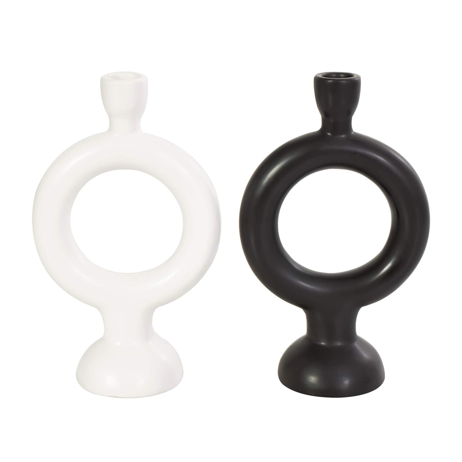 CosmoLiving by Cosmopolitan 9" Black & White Ceramic Geometric Ring Taper Candle Holder Set
