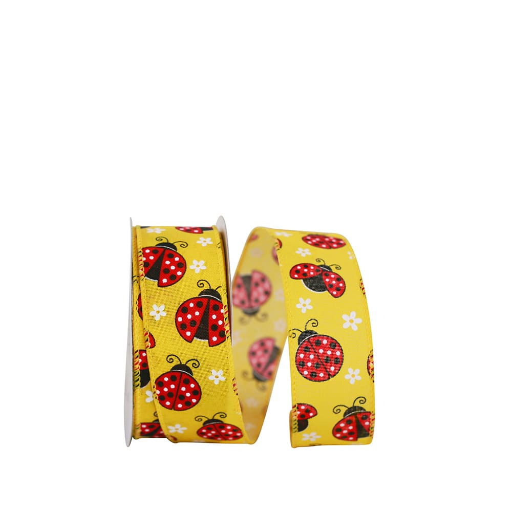 JAM Paper 1.5" x 20yd. Faux Linen Wired Yellow Ladybugs Ribbon