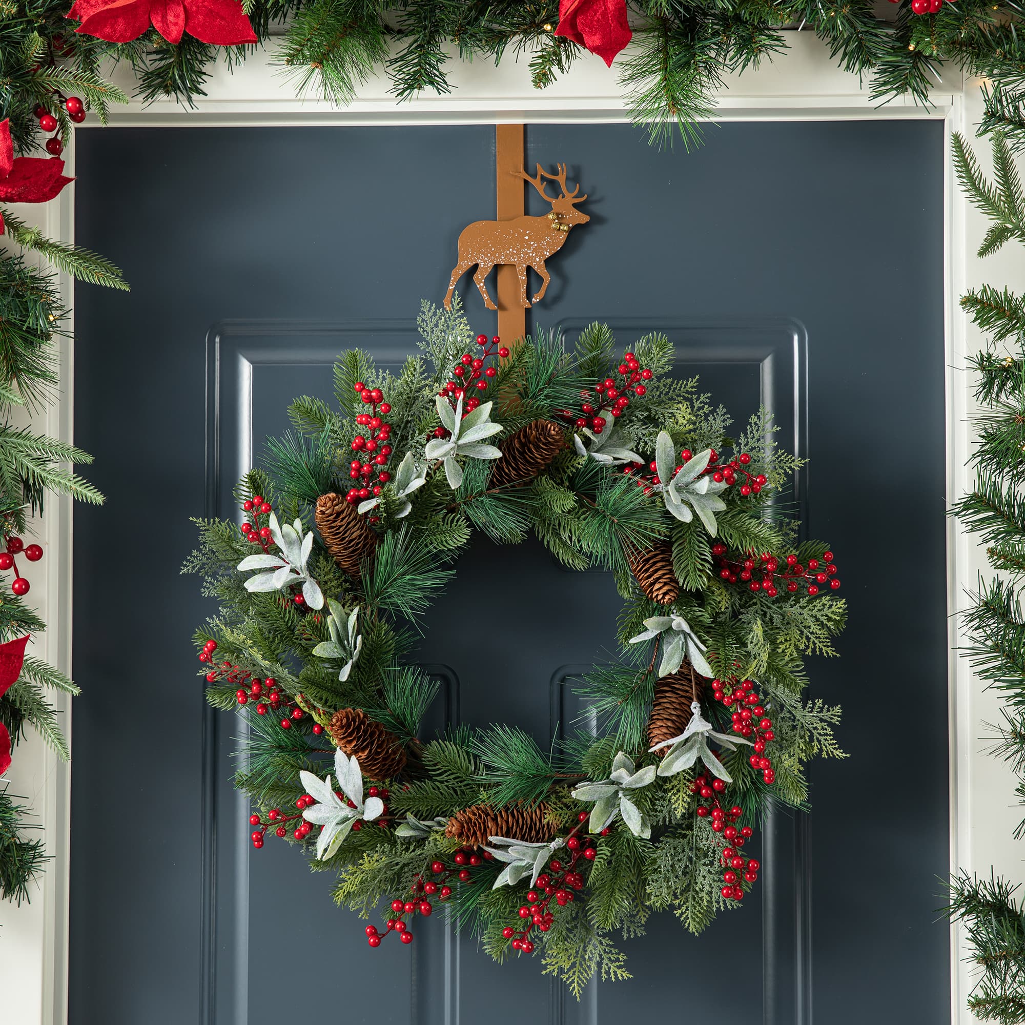 Glitzhome&#xAE; 14&#x22; Christmas Metal Tree &#x26; Reindeer Wreath Hanger Set