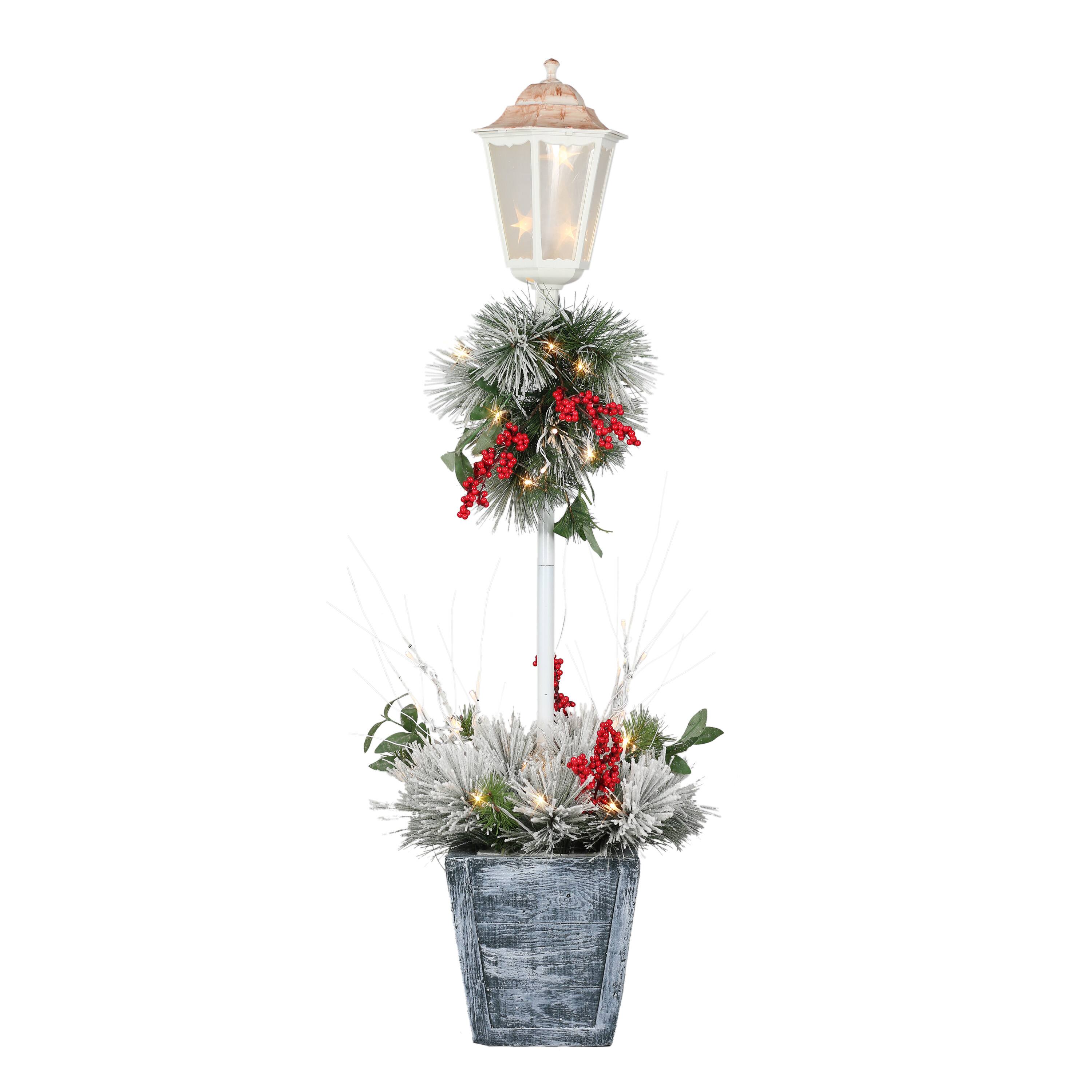 4ft. Pre-Lit Flocked Artificial Pine Lamp Post, Warm White LED Lights