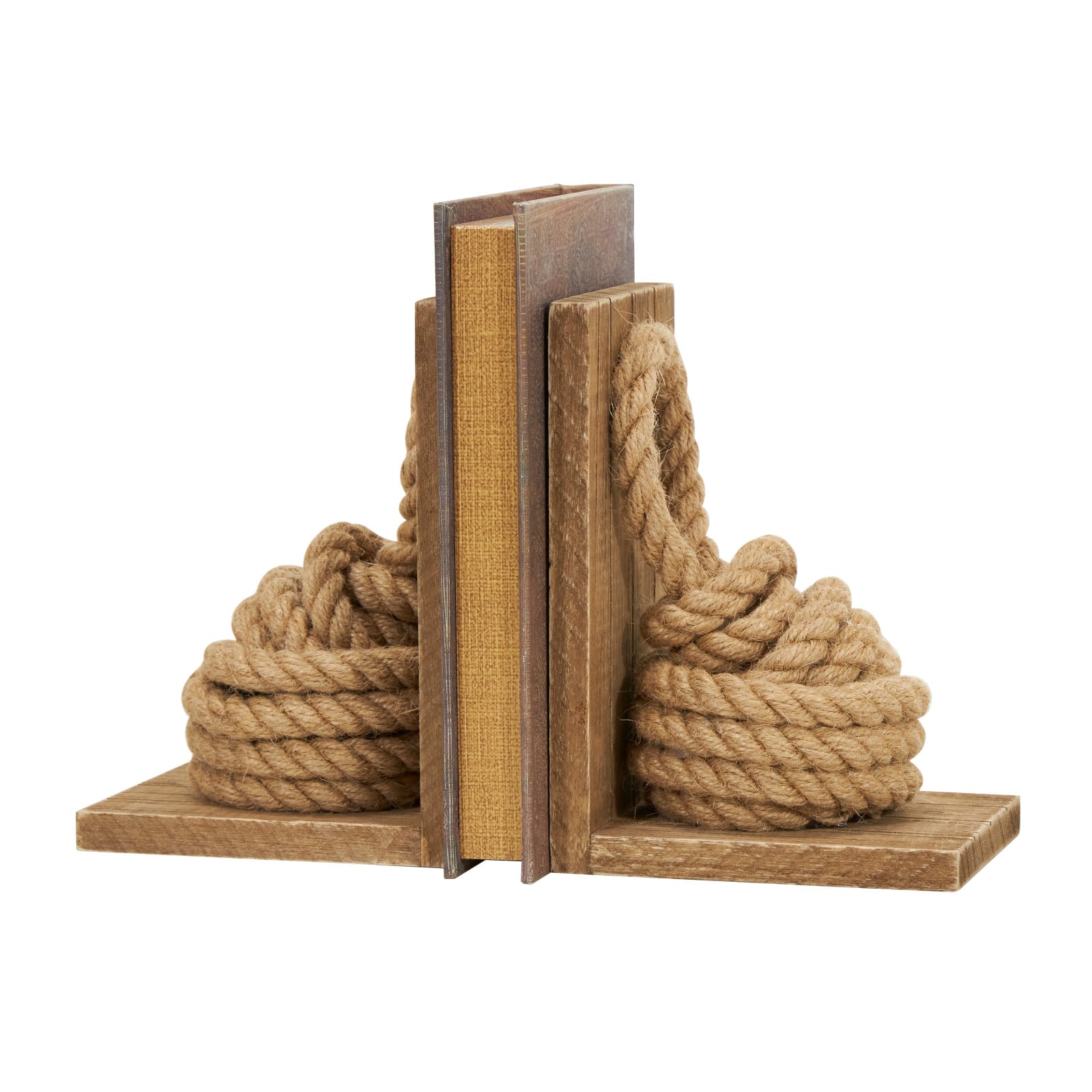 7&#x22; Brown Wood Knot Rope Bookends with Distressed L-Shaped Stands Set