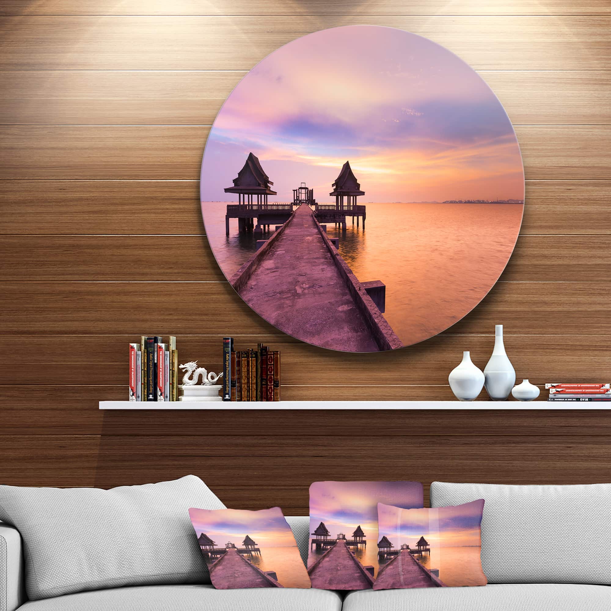 Designart - Walking Path to Abandoned Temple' Ultra Glossy Sea Bridge Metal Circle Wall Art