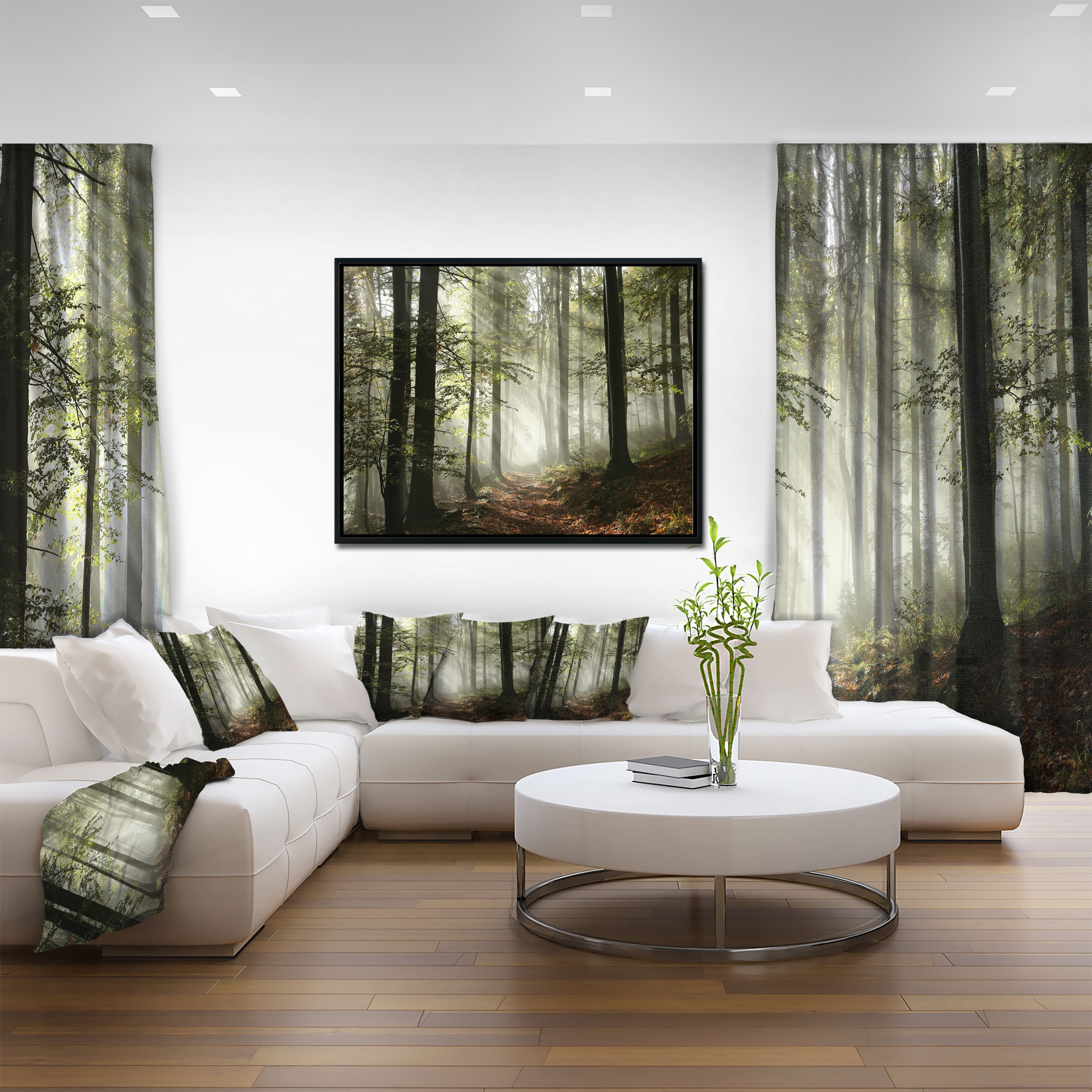 Designart - Light in Dense Fall Forest with Fog - Landscape Art Print Framed Canvas