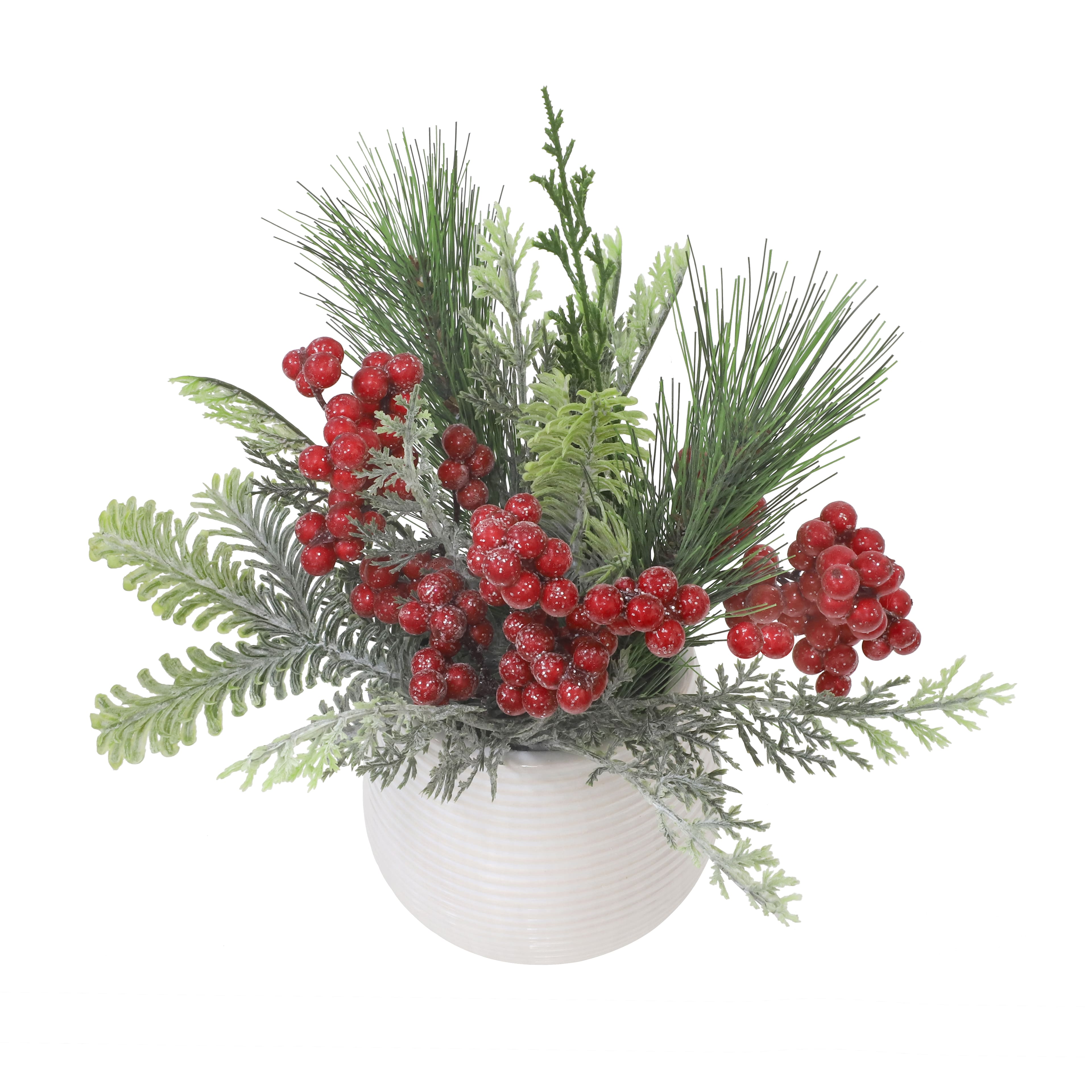 10&#x22; Glitter Pine, Cedar &#x26; Red Berry Arrangement in White Ceramic Pot by Ashland&#xAE;
